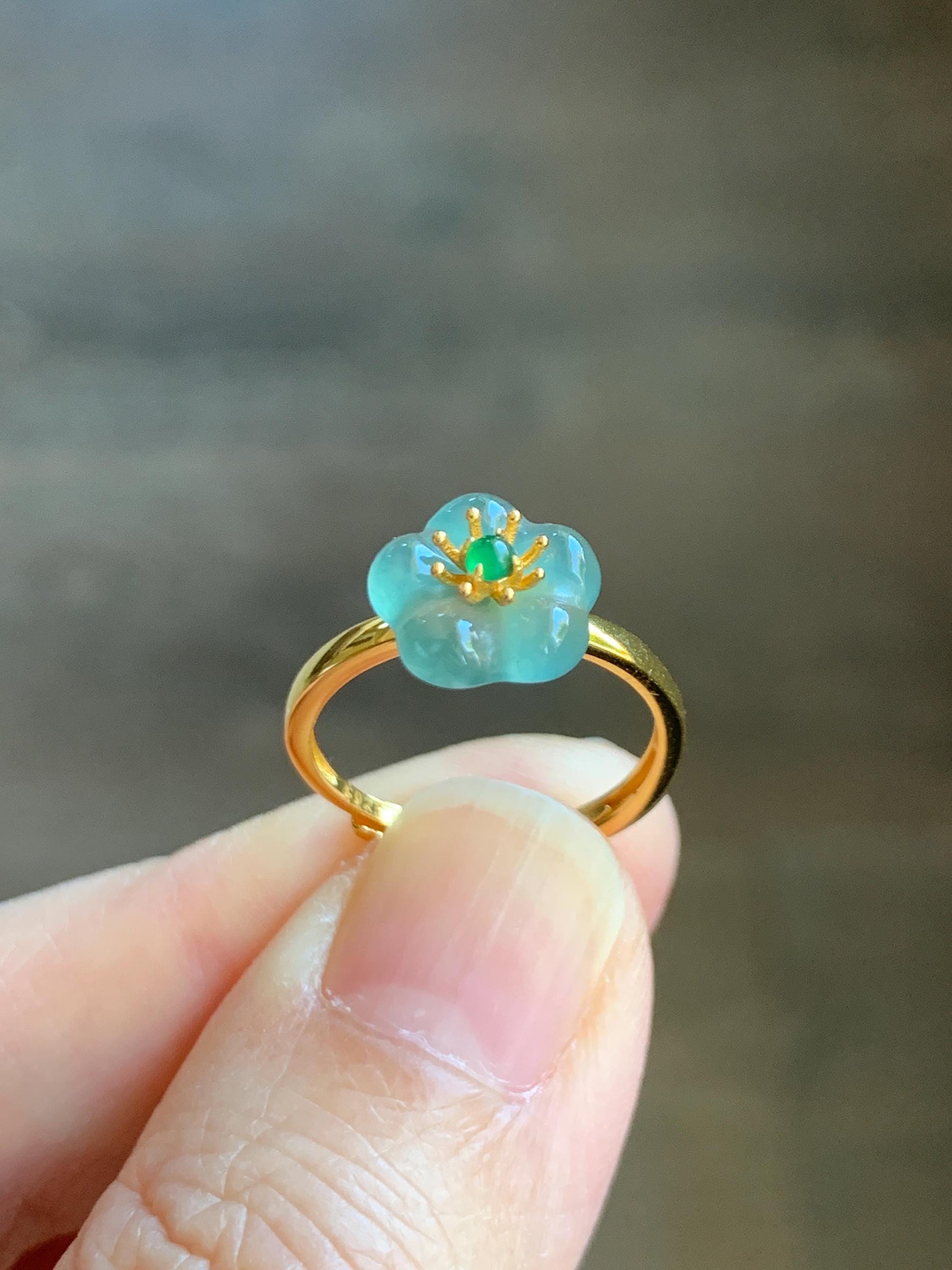 Natural Grade A Guatemalan Icy Translucent Light Teal Jade Jadeite Cherry Blossom Ring Sterling Silver Size Adjustable 天然冰危蓝翡翠梅花银镶戒指 WXMH66D