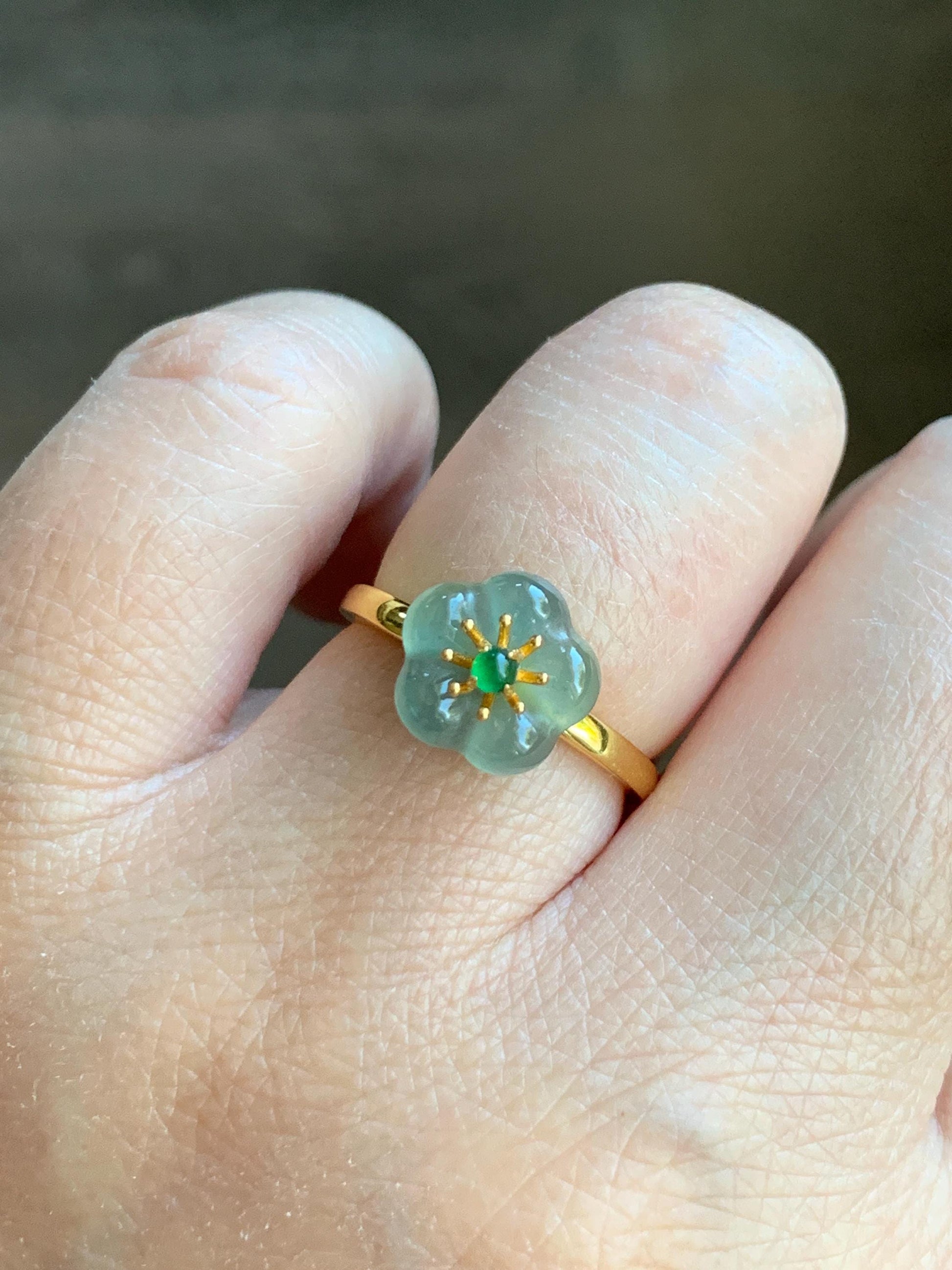 Natural Grade A Guatemalan Icy Translucent Light Teal Jade Jadeite Cherry Blossom Ring Sterling Silver Size Adjustable 天然冰危蓝翡翠梅花银镶戒指 WXMH66D