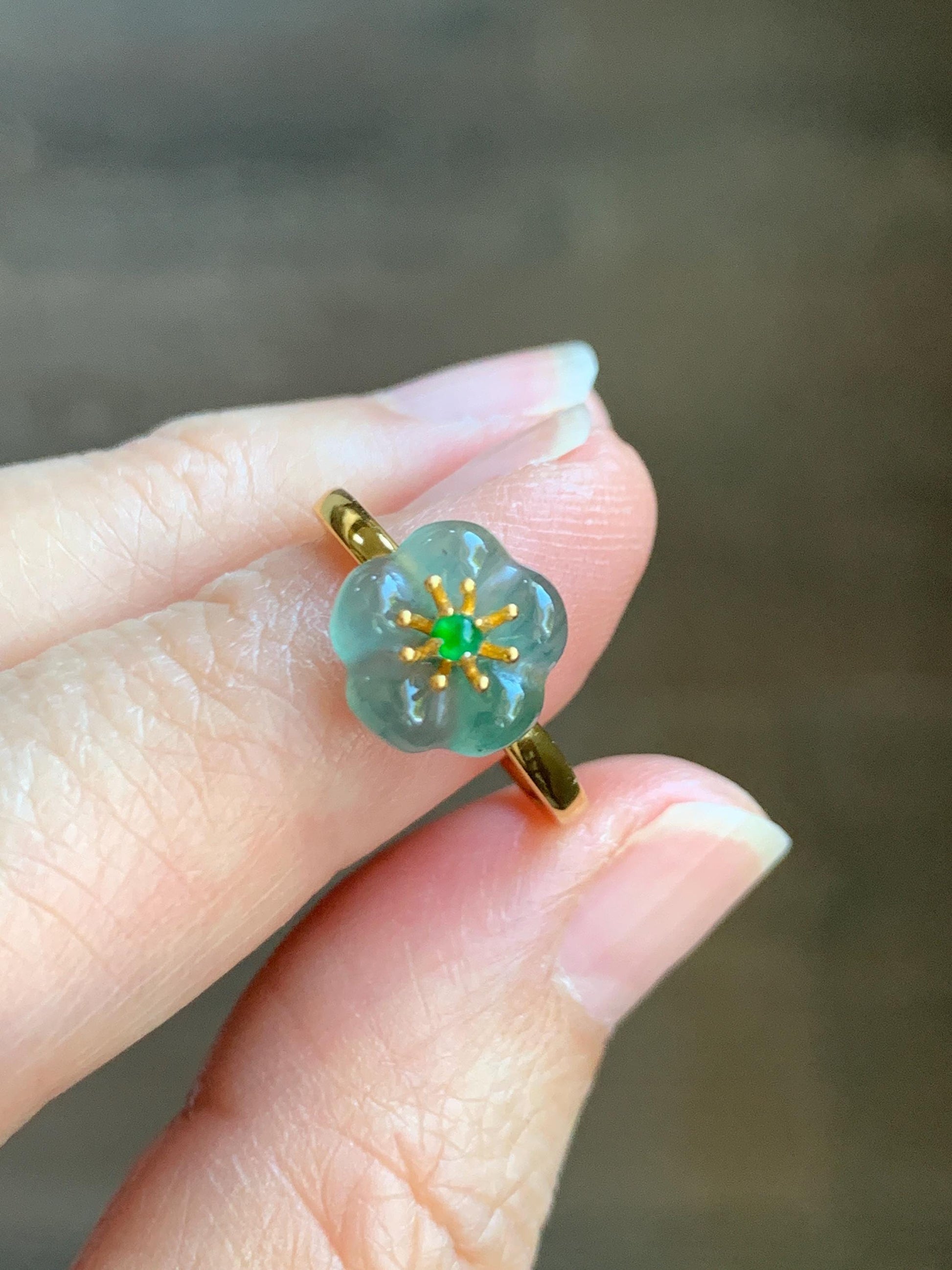 Natural Grade A Guatemalan Icy Translucent Teal Jade Jadeite Cherry Blossom Ring Sterling Silver Size Adjustable 天然冰危蓝翡翠梅花银镶戒指 WXMH66E