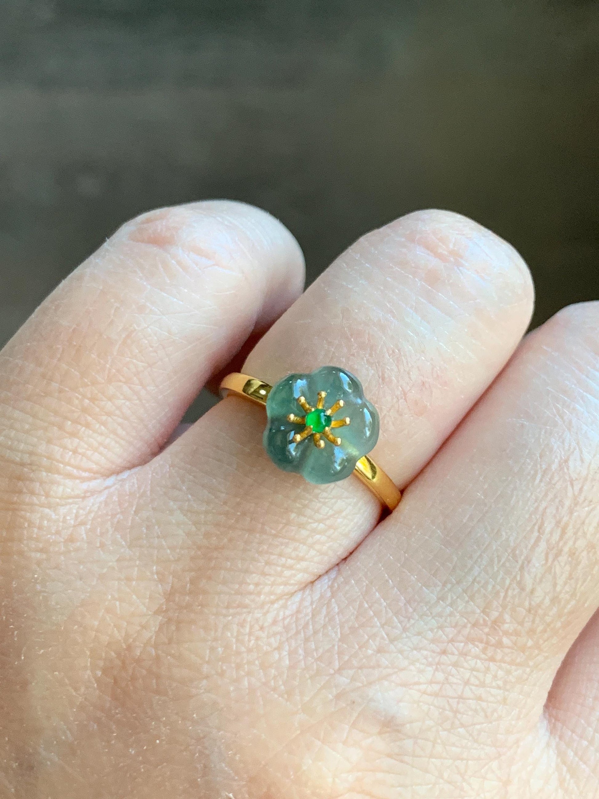 Natural Grade A Guatemalan Icy Translucent Teal Jade Jadeite Cherry Blossom Ring Sterling Silver Size Adjustable 天然冰危蓝翡翠梅花银镶戒指 WXMH66E