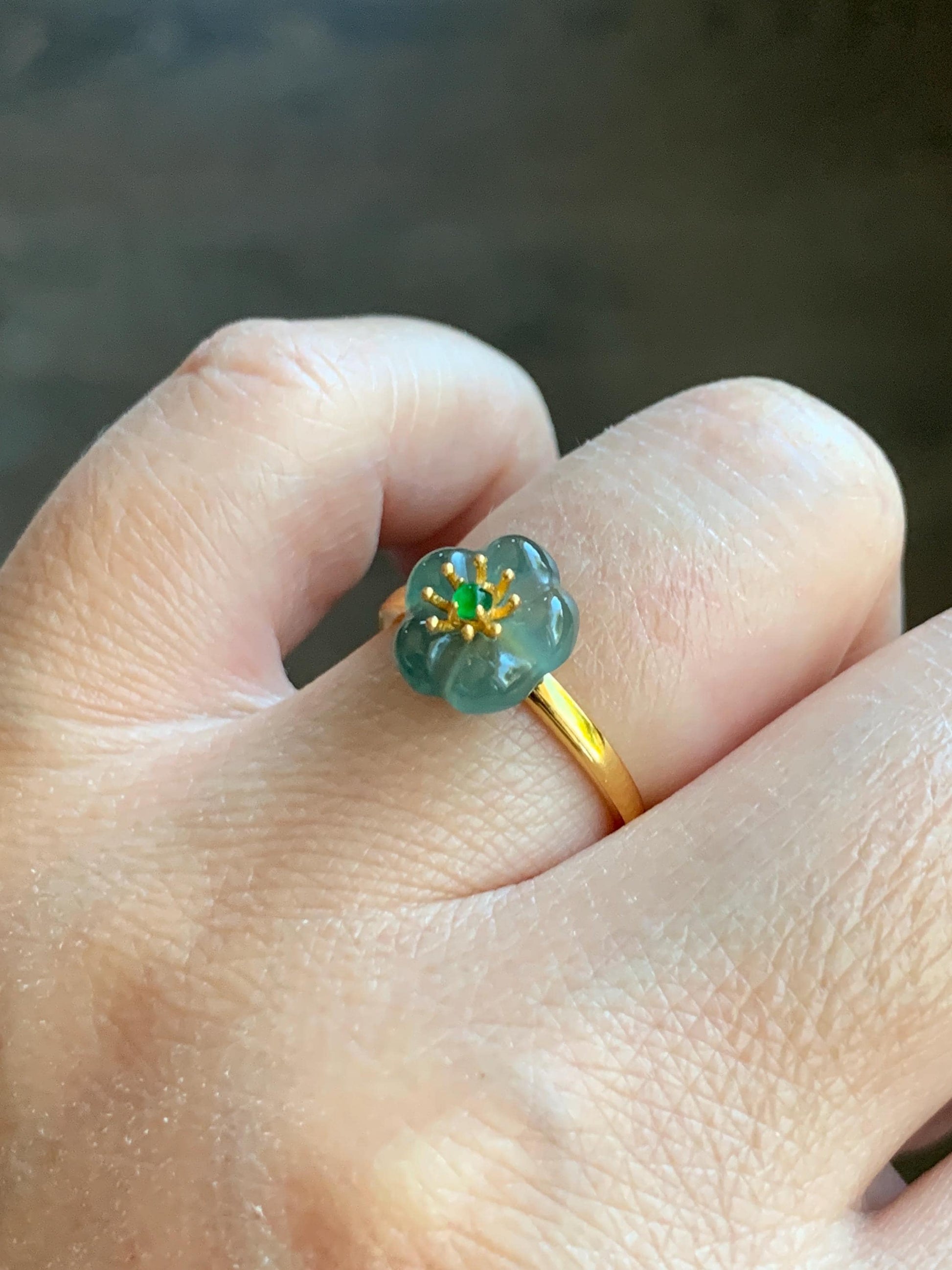 Natural Grade A Guatemalan Icy Translucent Teal Jade Jadeite Cherry Blossom Ring Sterling Silver Size Adjustable 天然冰危蓝翡翠梅花银镶戒指 WXMH66E