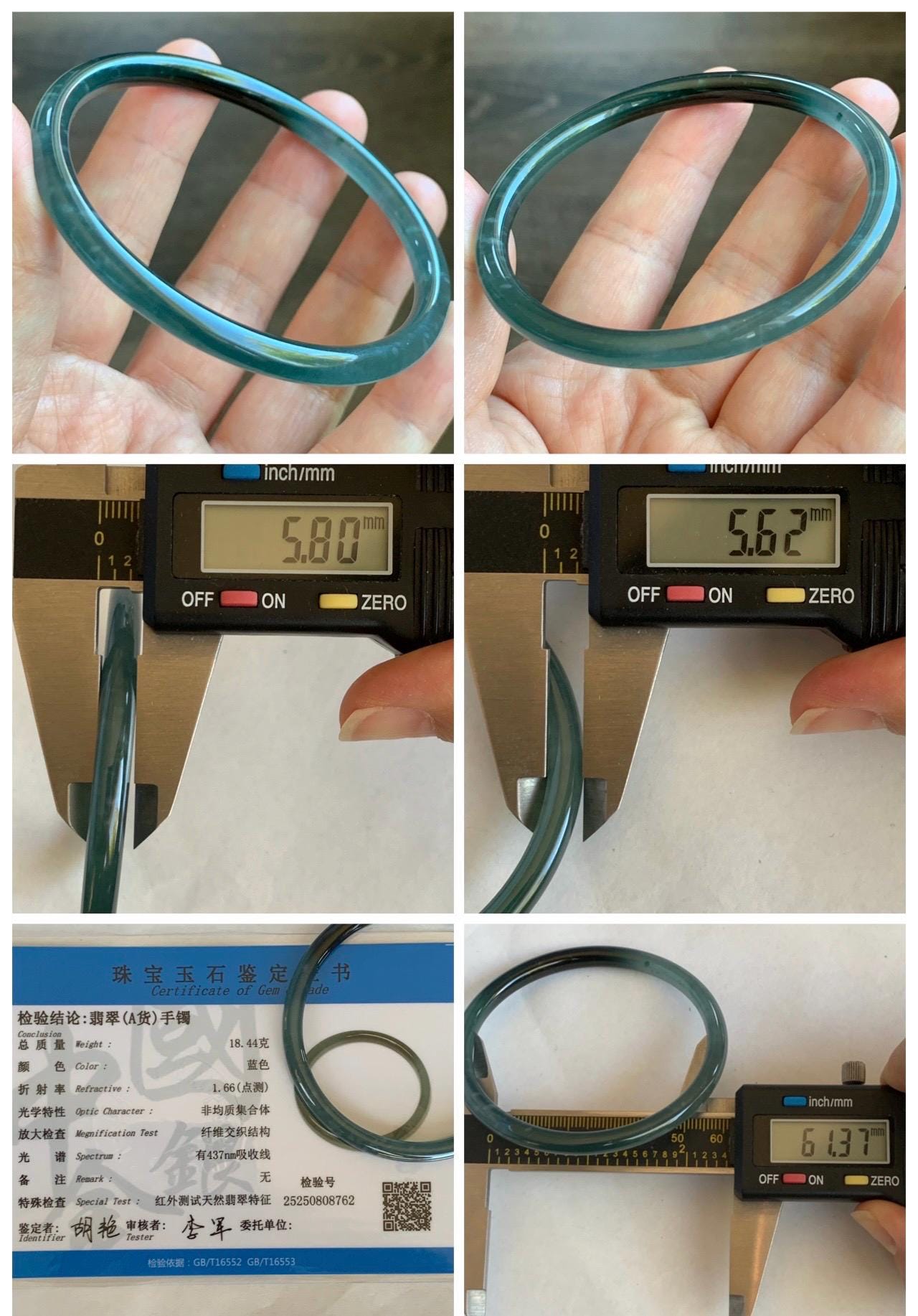 Certified Natural Grade A Guatemalan Icy Highly Translucent Dark Teal Green Marbled Jade Jadeite Bangle 61.37mm 7.58” 天然冰胶危深蓝绿翡翠细圆条手镯 8762