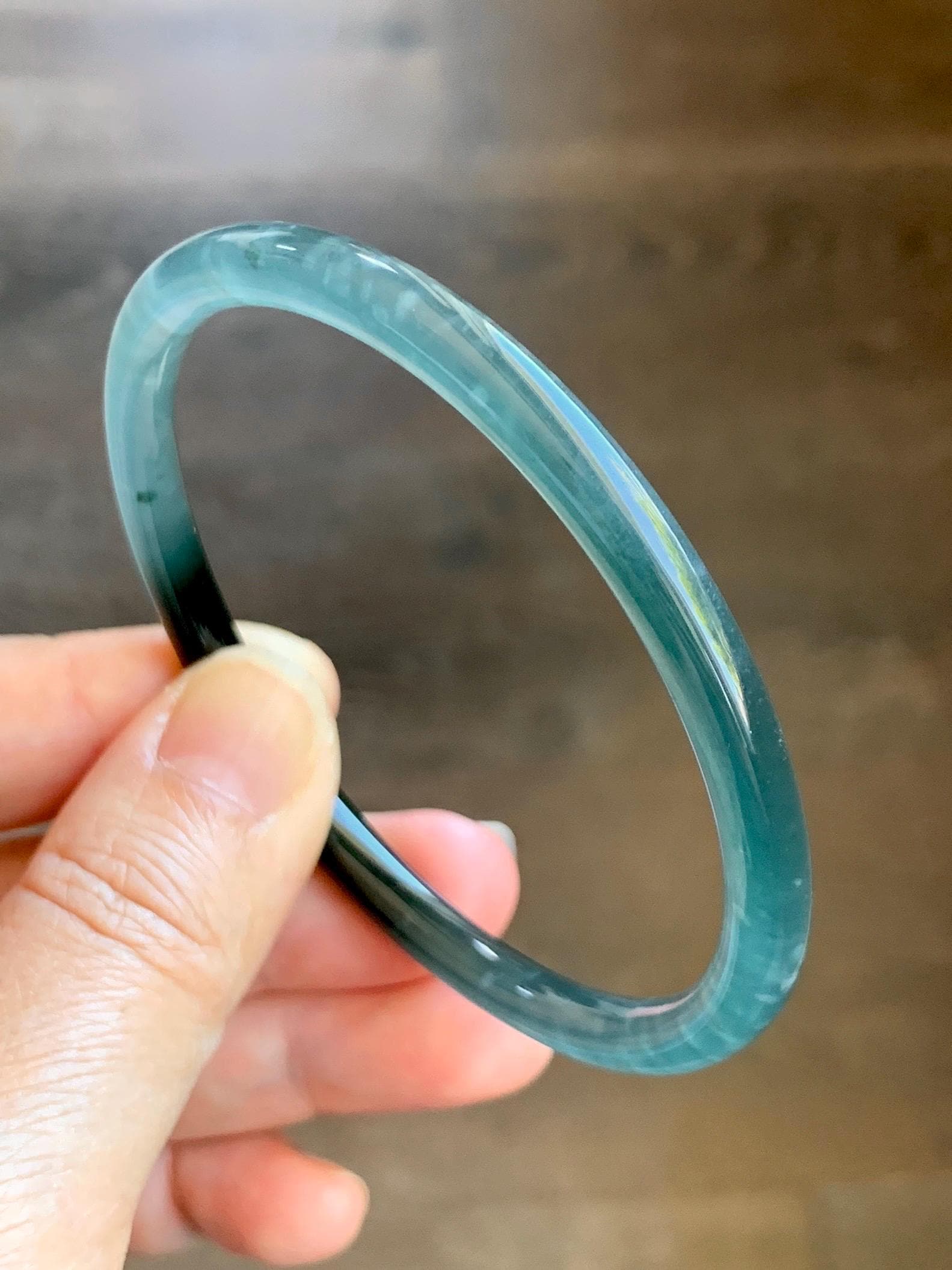 Certified Natural Grade A Guatemalan Icy Highly Translucent Dark Teal Green Marbled Jade Jadeite Bangle 61.37mm 7.58” 天然冰胶危深蓝绿翡翠细圆条手镯 8762
