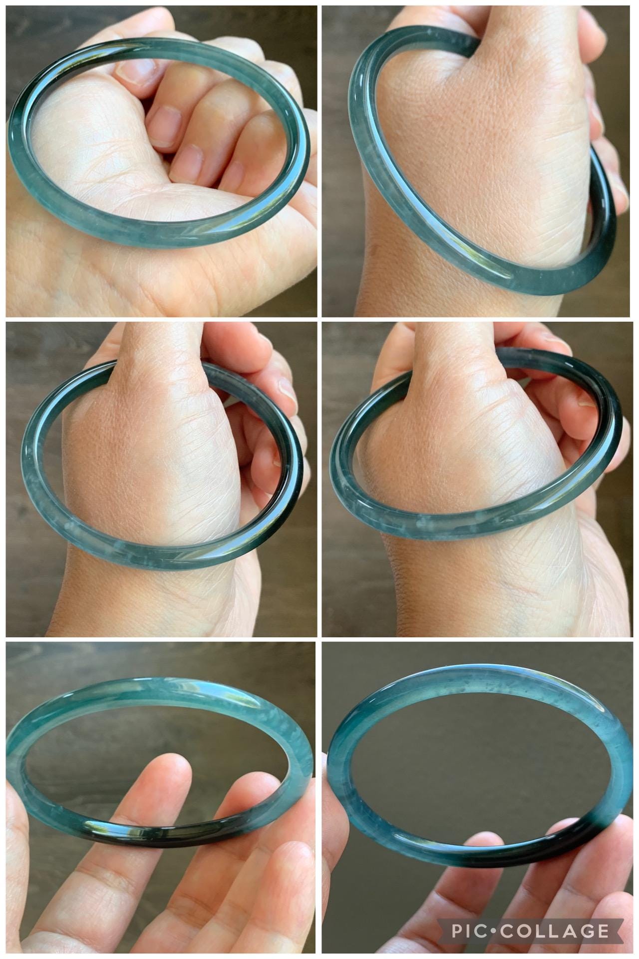 Certified Natural Grade A Guatemalan Icy Highly Translucent Dark Teal Green Marbled Jade Jadeite Bangle 61.37mm 7.58” 天然冰胶危深蓝绿翡翠细圆条手镯 8762