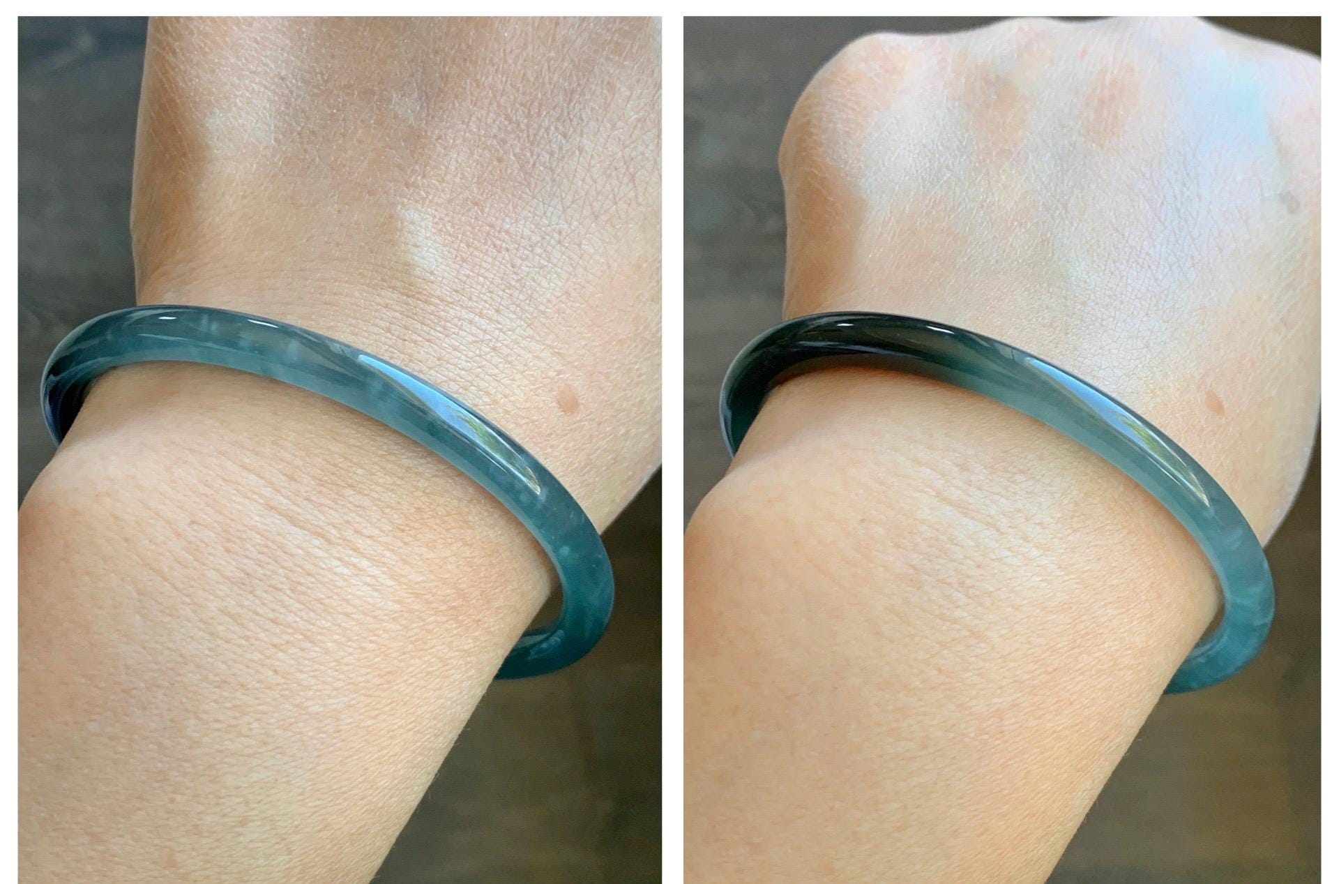 Certified Natural Grade A Guatemalan Icy Highly Translucent Dark Teal Green Marbled Jade Jadeite Bangle 61.37mm 7.58” 天然冰胶危深蓝绿翡翠细圆条手镯 8762