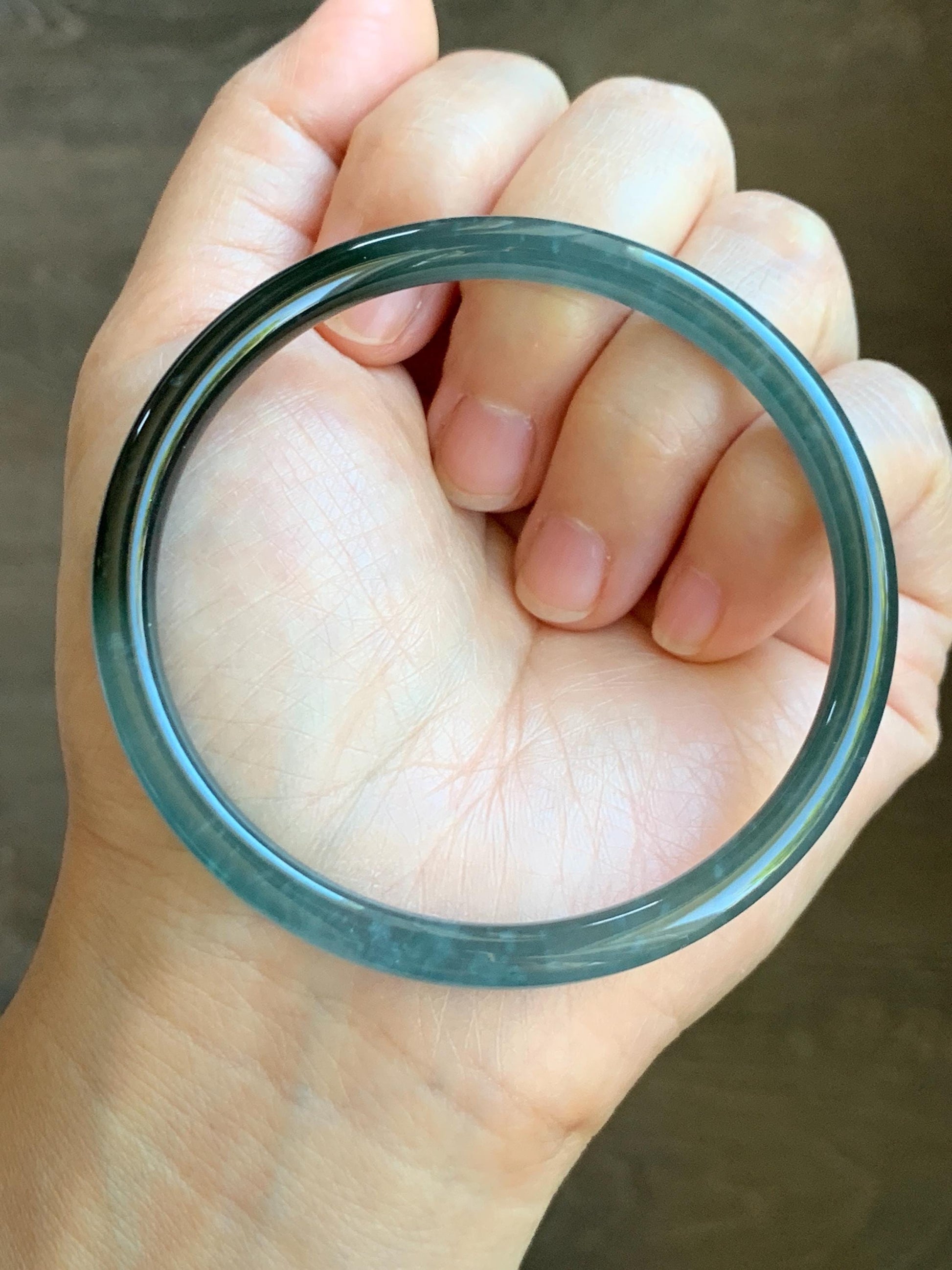 Certified Natural Grade A Guatemalan Icy Highly Translucent Dark Teal Green Marbled Jade Jadeite Bangle 61.37mm 7.58” 天然冰胶危深蓝绿翡翠细圆条手镯 8762