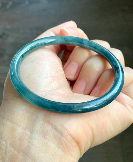 Certified Natural Grade A Guatemalan Icy Translucent Dark Aegean Blue Jade Jadeite Bangle 59.63mm 7.37” 20.47g 天然危深牛仔蓝翡翠细圆条手镯 8772