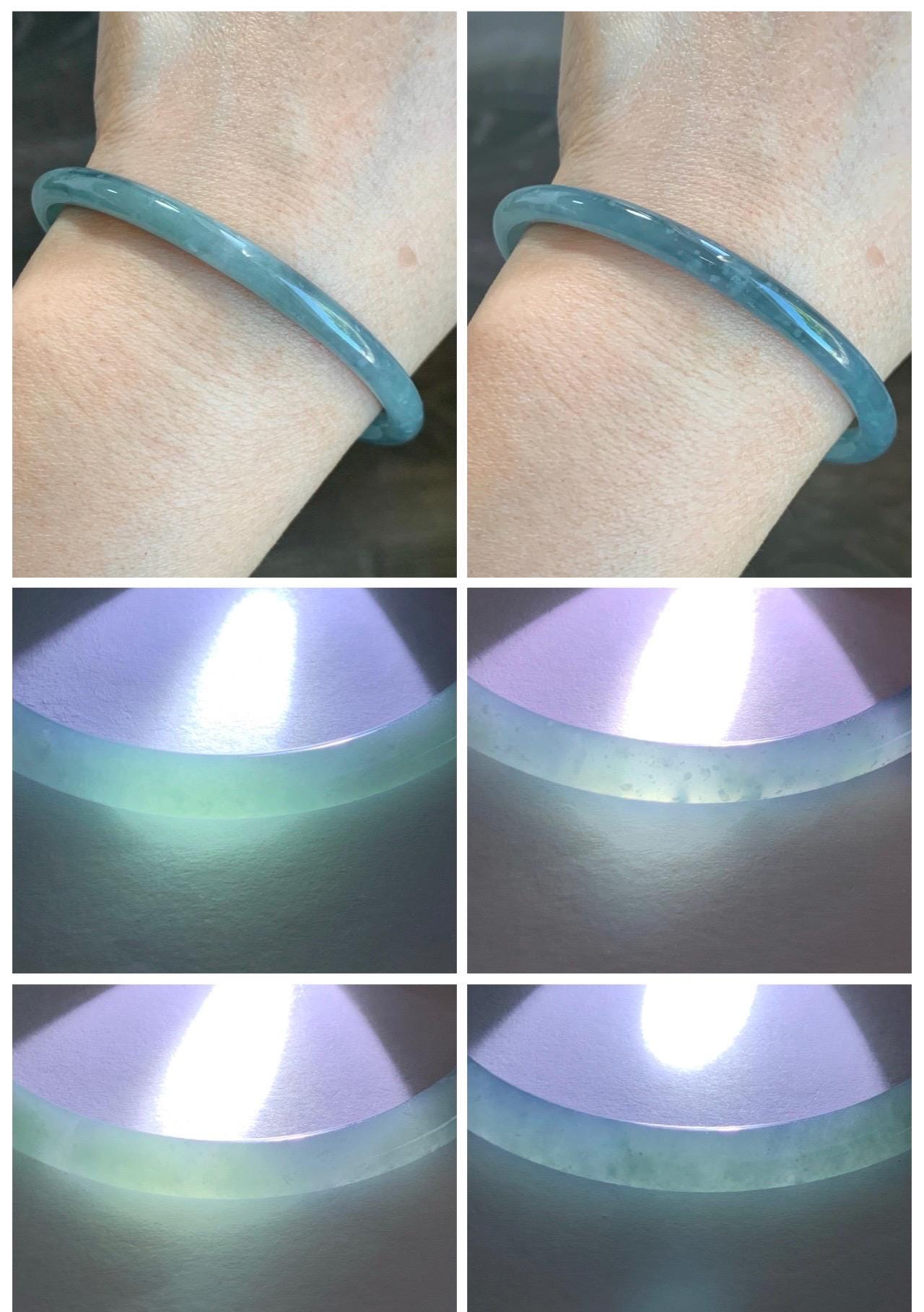 Certified Natural Grade A Guatemalan Icy Translucent Light Dusty Teal Blue Jade Jadeite Bangle 60.56mm 7.48” 16.68g 天然冰危浅蓝翡翠圆条手镯 8763