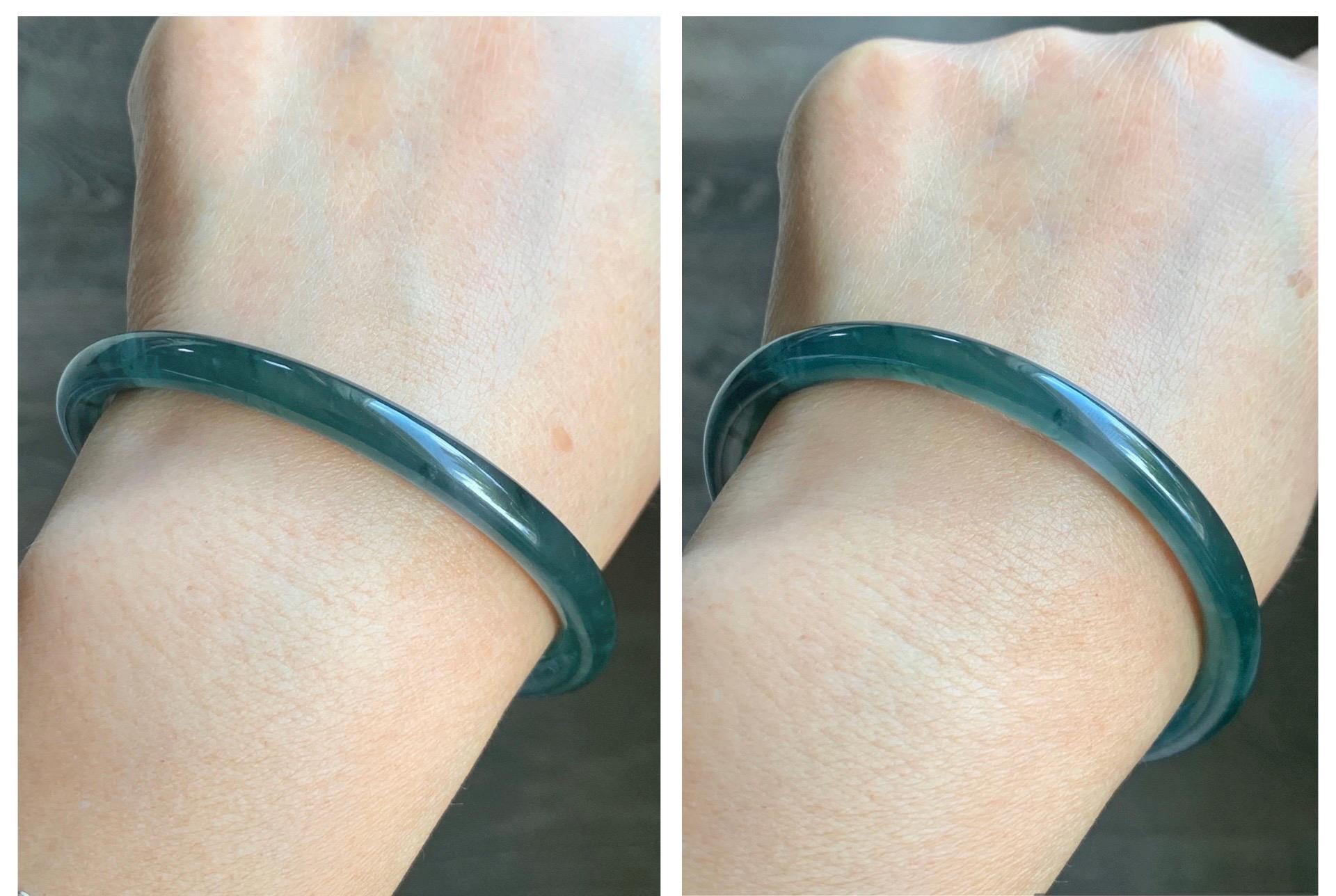 Certified Natural Grade A Guatemalan Icy Highly Translucent Dark Teal Blue Marbled Jade Jadeite Bangle 60.5mm 7.47” 天然冰胶危深蓝飘花翡翠细圆条手镯 8788