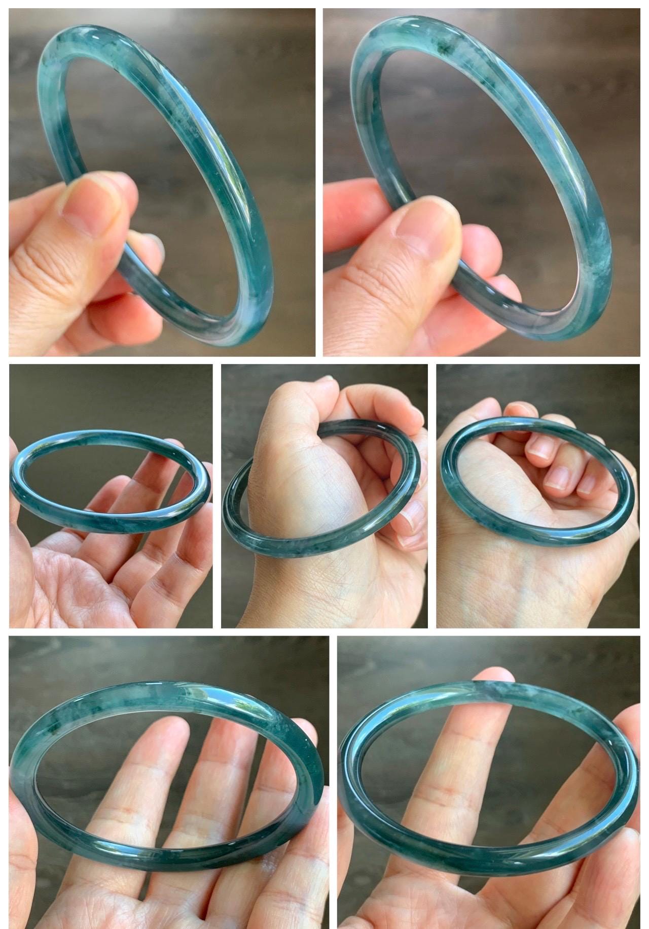 Certified Natural Grade A Guatemalan Icy Highly Translucent Dark Teal Blue Marbled Jade Jadeite Bangle 60.5mm 7.47” 天然冰胶危深蓝飘花翡翠细圆条手镯 8788