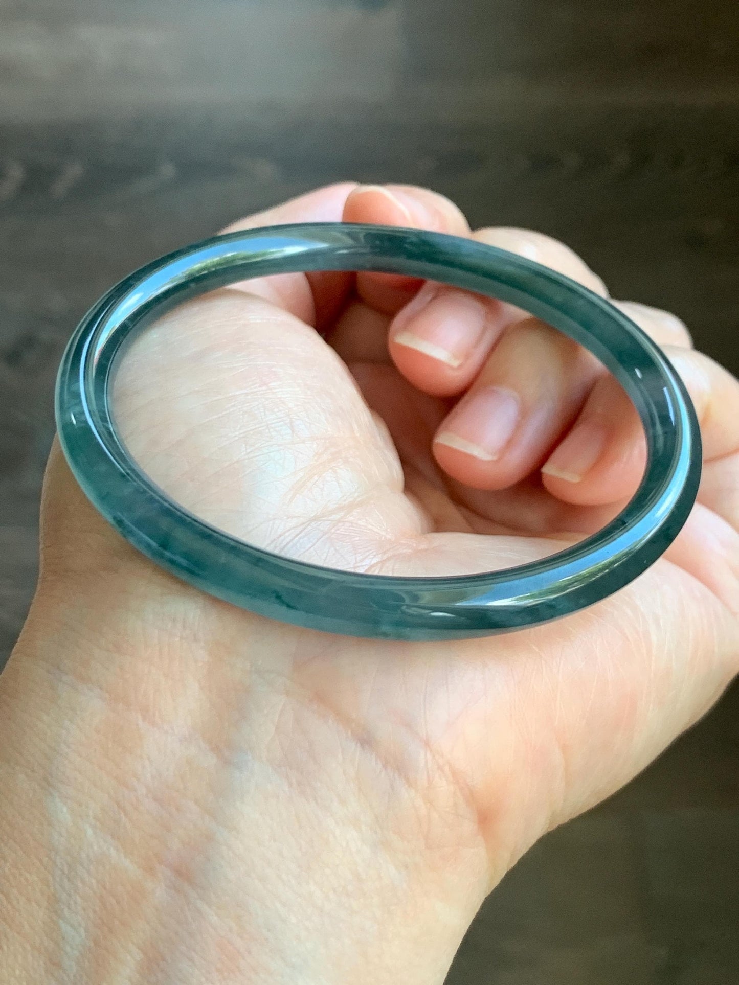 Certified Natural Grade A Guatemalan Icy Highly Translucent Dark Teal Blue Marbled Jade Jadeite Bangle 60.5mm 7.47” 天然冰胶危深蓝飘花翡翠细圆条手镯 8788