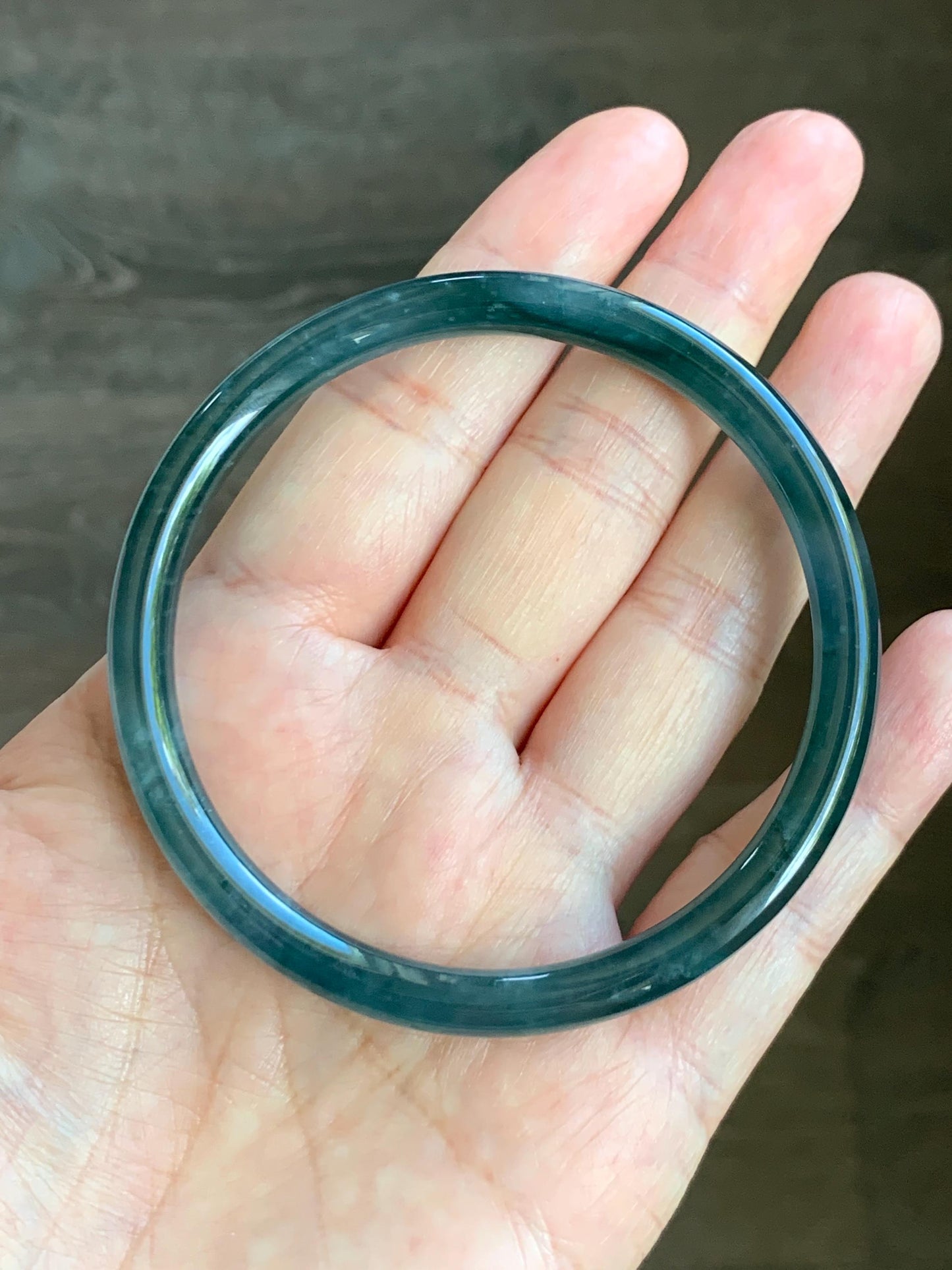 Certified Natural Grade A Guatemalan Icy Highly Translucent Dark Teal Blue Marbled Jade Jadeite Bangle 60.5mm 7.47” 天然冰胶危深蓝飘花翡翠细圆条手镯 8788