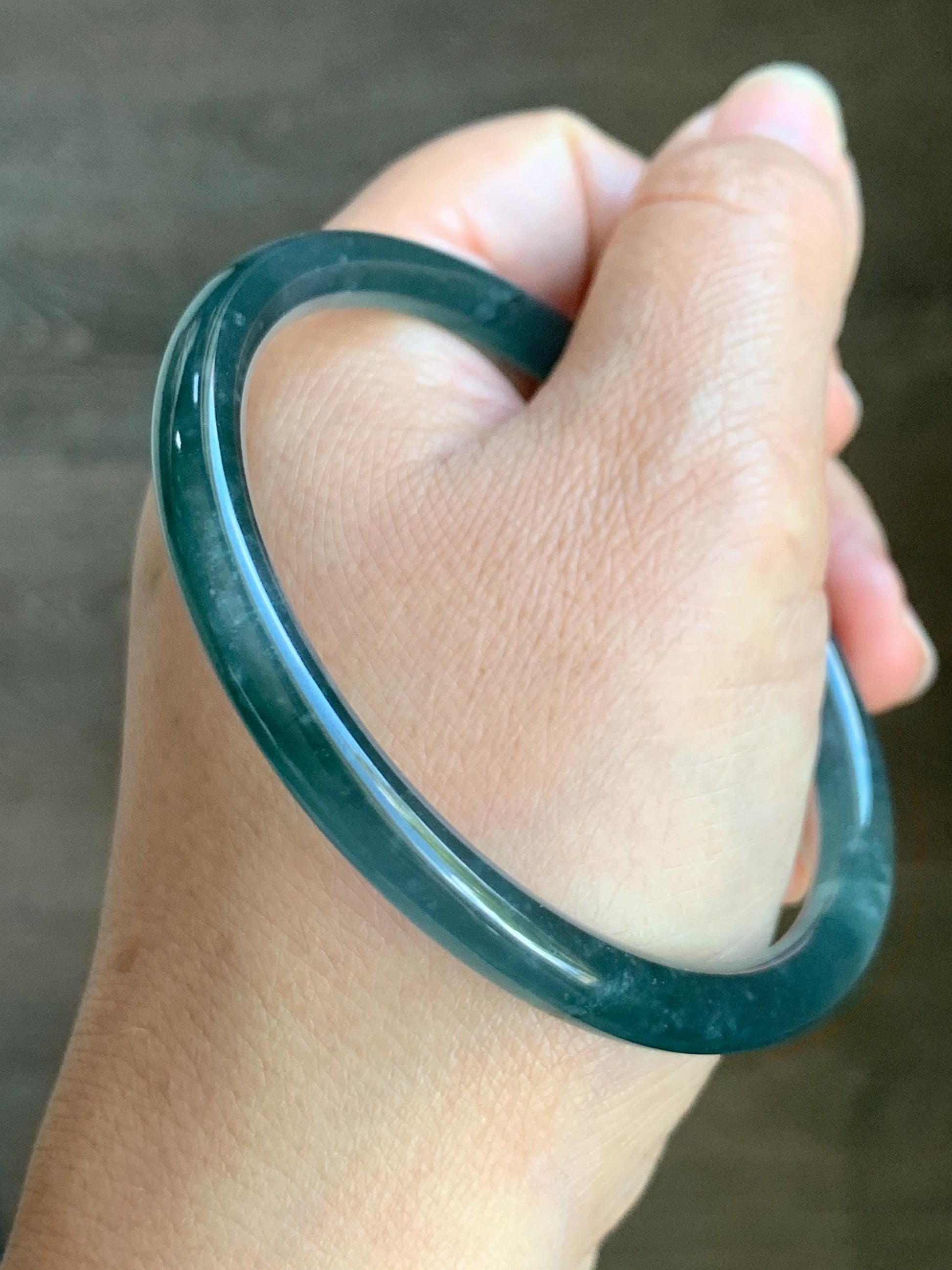 Certified Natural Grade A Guatemalan Icy Highly Translucent Dark Teal Blue Marbled Jade Jadeite Bangle 60.5mm 7.47” 天然冰胶危深蓝飘花翡翠细圆条手镯 8788