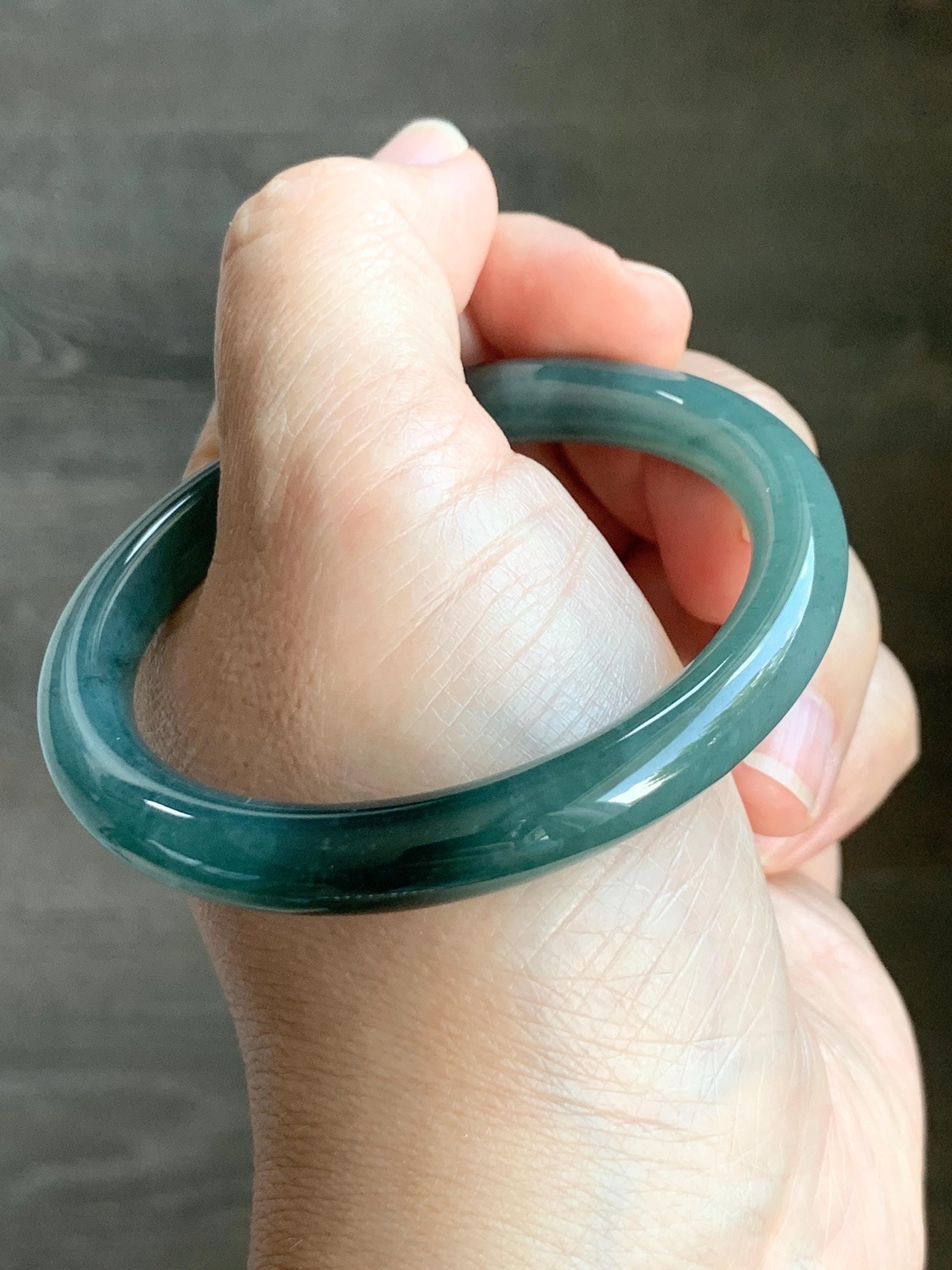 Certified Natural Grade A Guatemalan Icy Translucent Dark Teal Blue Marbled Jade Jadeite Bangle 52.68mm 6.5” 31g 天然冰危蓝飘花翡翠圆条手镯 8781