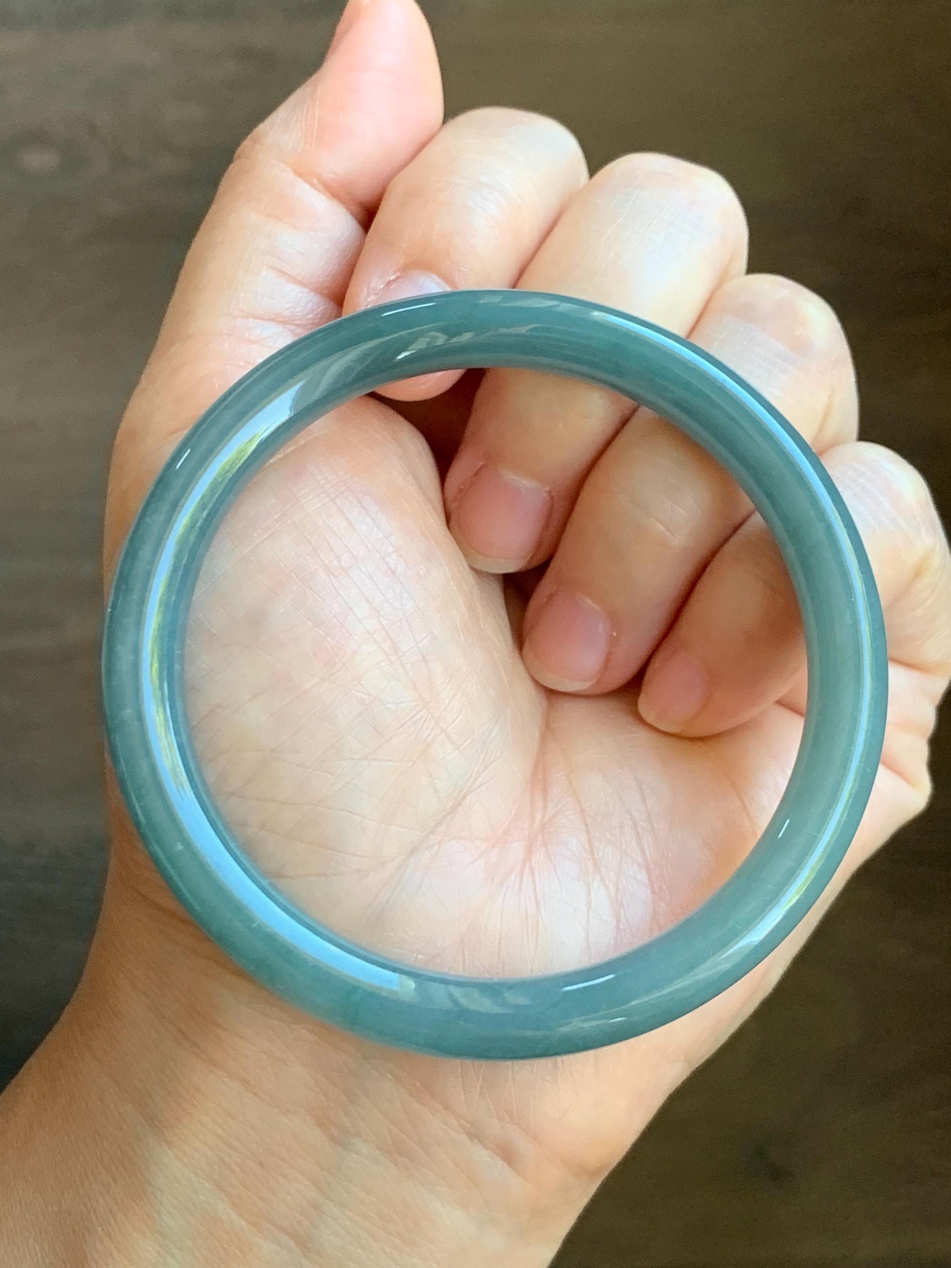 Certified Natural Grade A Guatemalan Icy Translucent Dark Dusty Teal Jade Jadeite Bangle 59.4mm 7.34” 31.75g 天然冰危蓝翡翠圆条手镯 8782