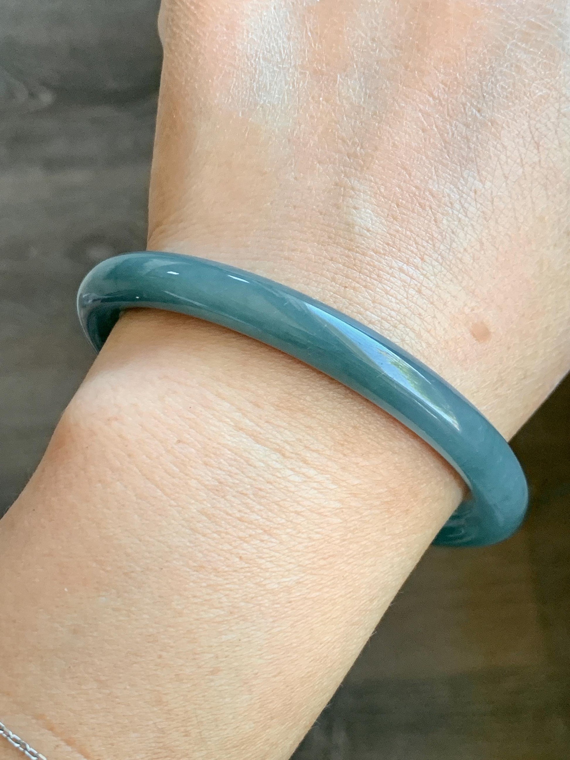 Certified Natural Grade A Guatemalan Icy Translucent Dark Dusty Teal Jade Jadeite Bangle 59.4mm 7.34” 31.75g 天然冰危蓝翡翠圆条手镯 8782