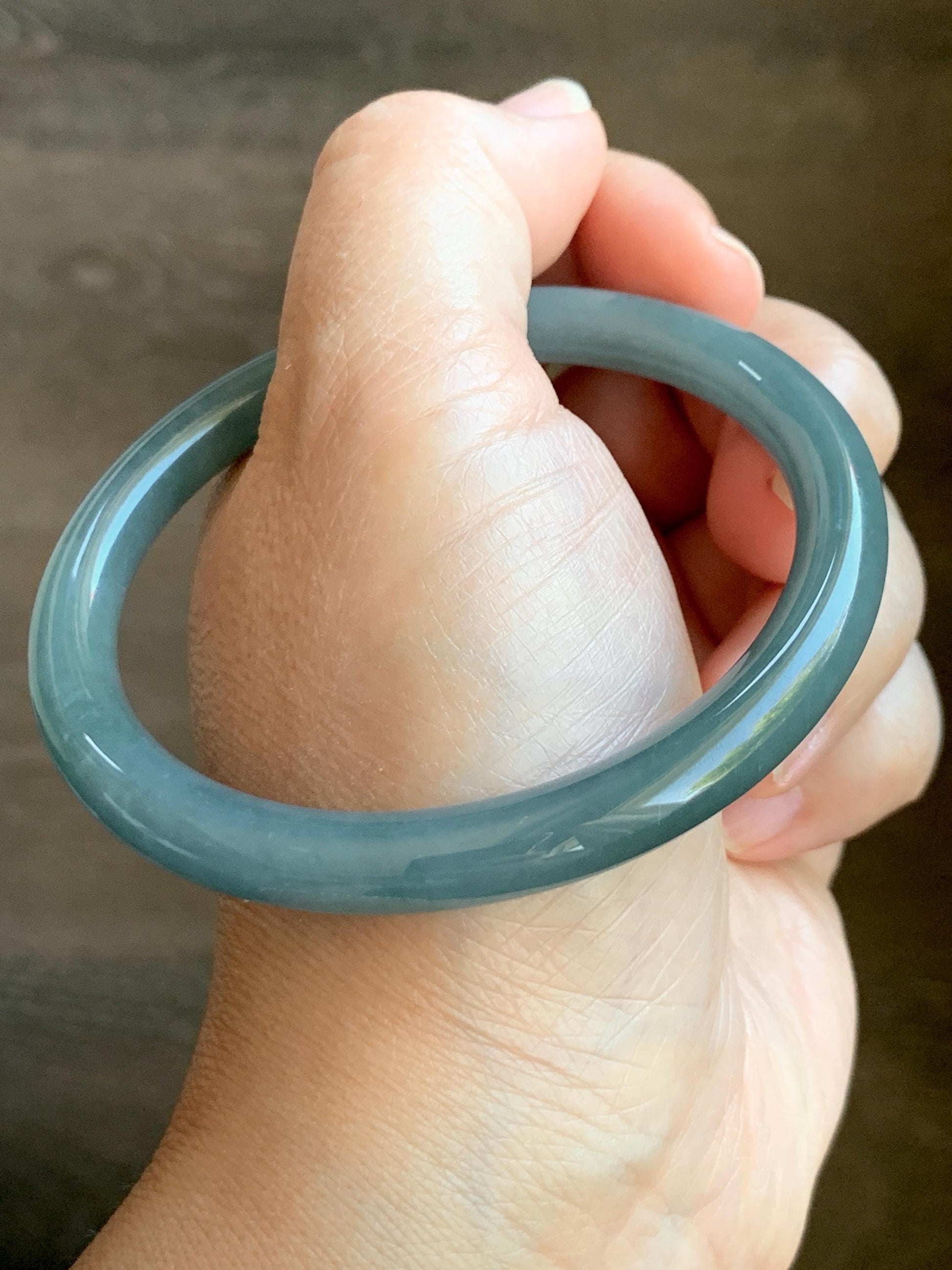 Certified Natural Grade A Guatemalan Icy Translucent Dark Dusty Teal Jade Jadeite Bangle 59.4mm 7.34” 31.75g 天然冰危蓝翡翠圆条手镯 8782
