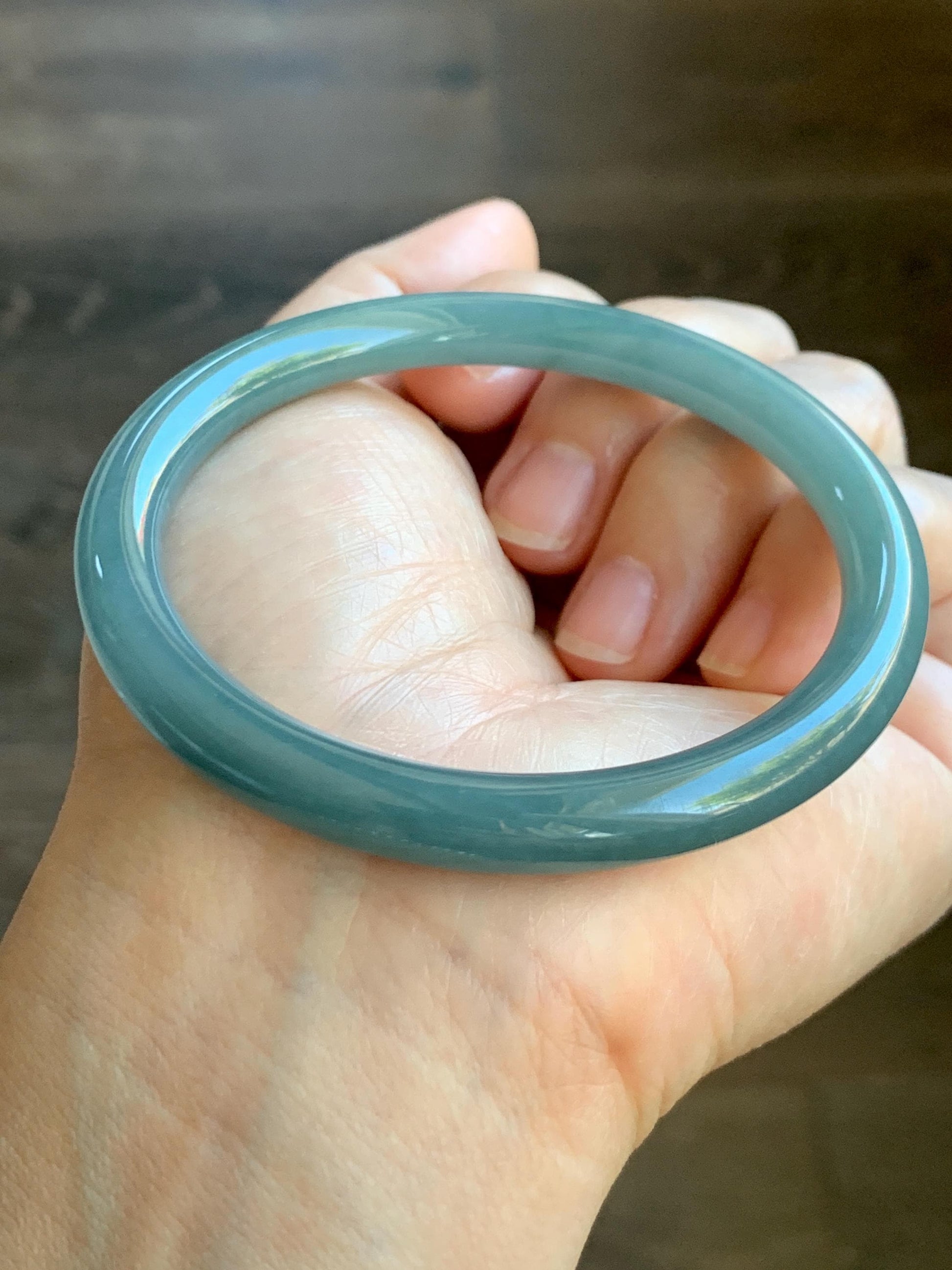 Certified Natural Grade A Guatemalan Icy Translucent Dark Dusty Teal Jade Jadeite Bangle 59.4mm 7.34” 31.75g 天然冰危蓝翡翠圆条手镯 8782
