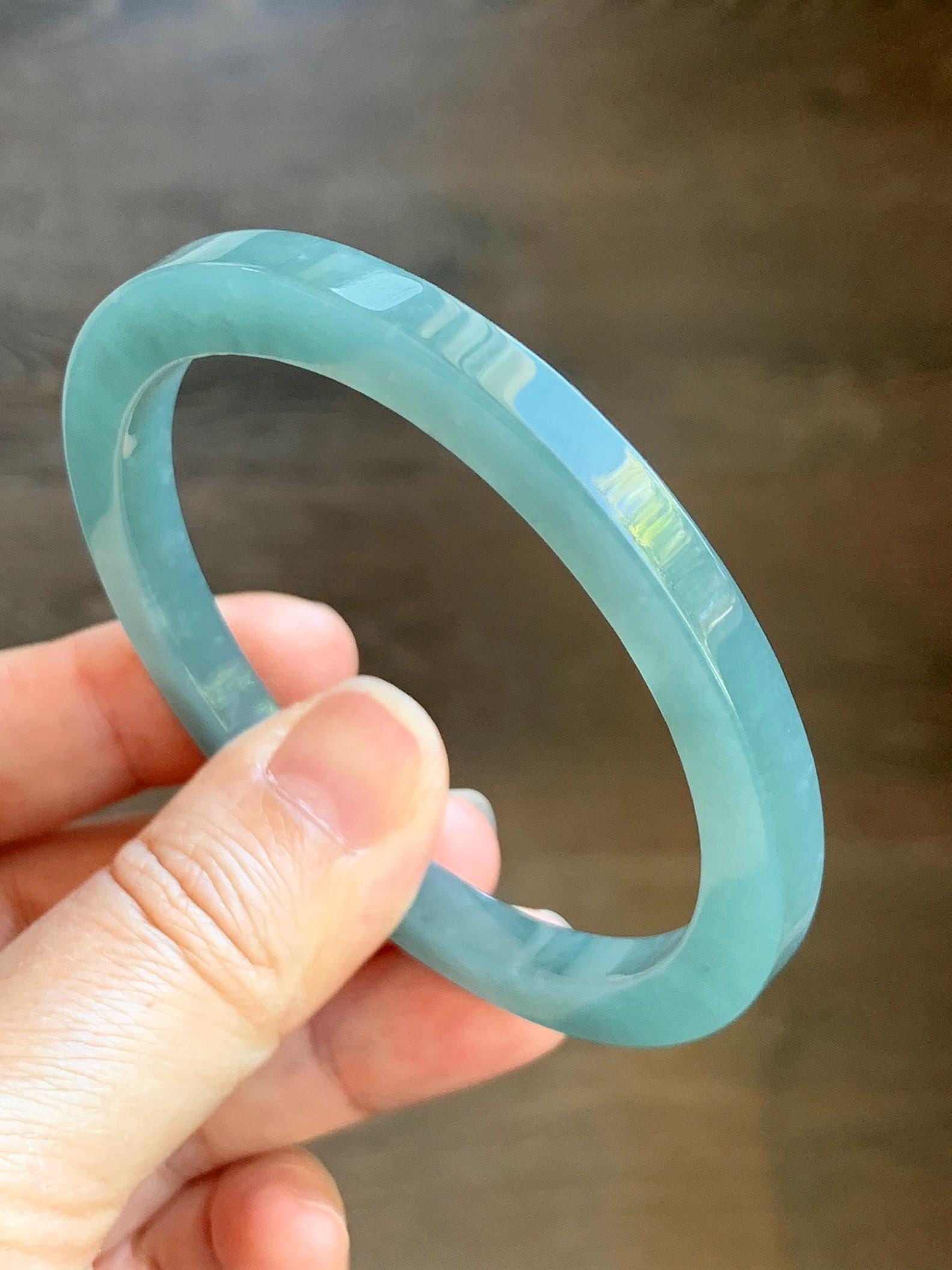 Certified Natural Grade A Guatemalan Icy Translucent Dusty Teal Blue Jade Jadeite Square Edged Bangle 57.76mm 7.14” 27g 天然冰胶危蓝翡翠方镯手镯 8807