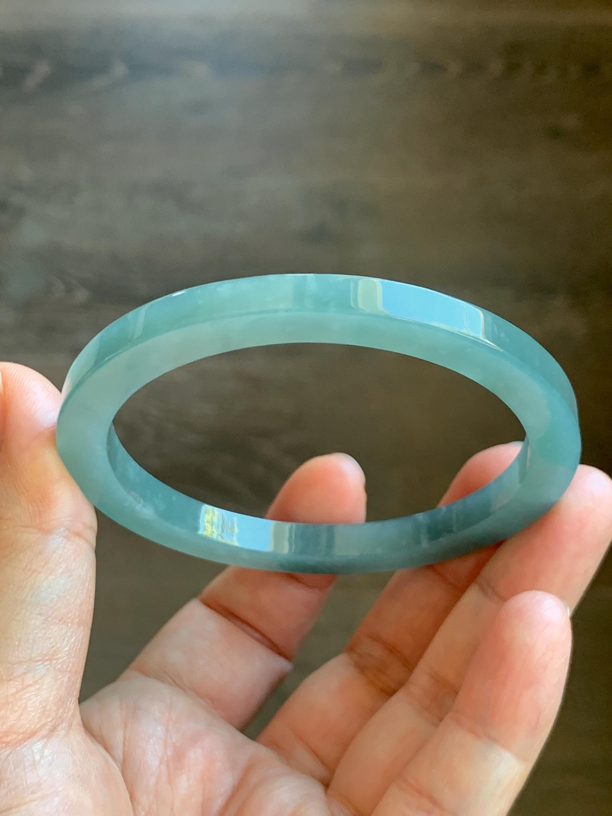 Certified Natural Grade A Guatemalan Icy Translucent Dusty Teal Blue Jade Jadeite Square Edged Bangle 57.76mm 7.14” 27g 天然冰胶危蓝翡翠方镯手镯 8807