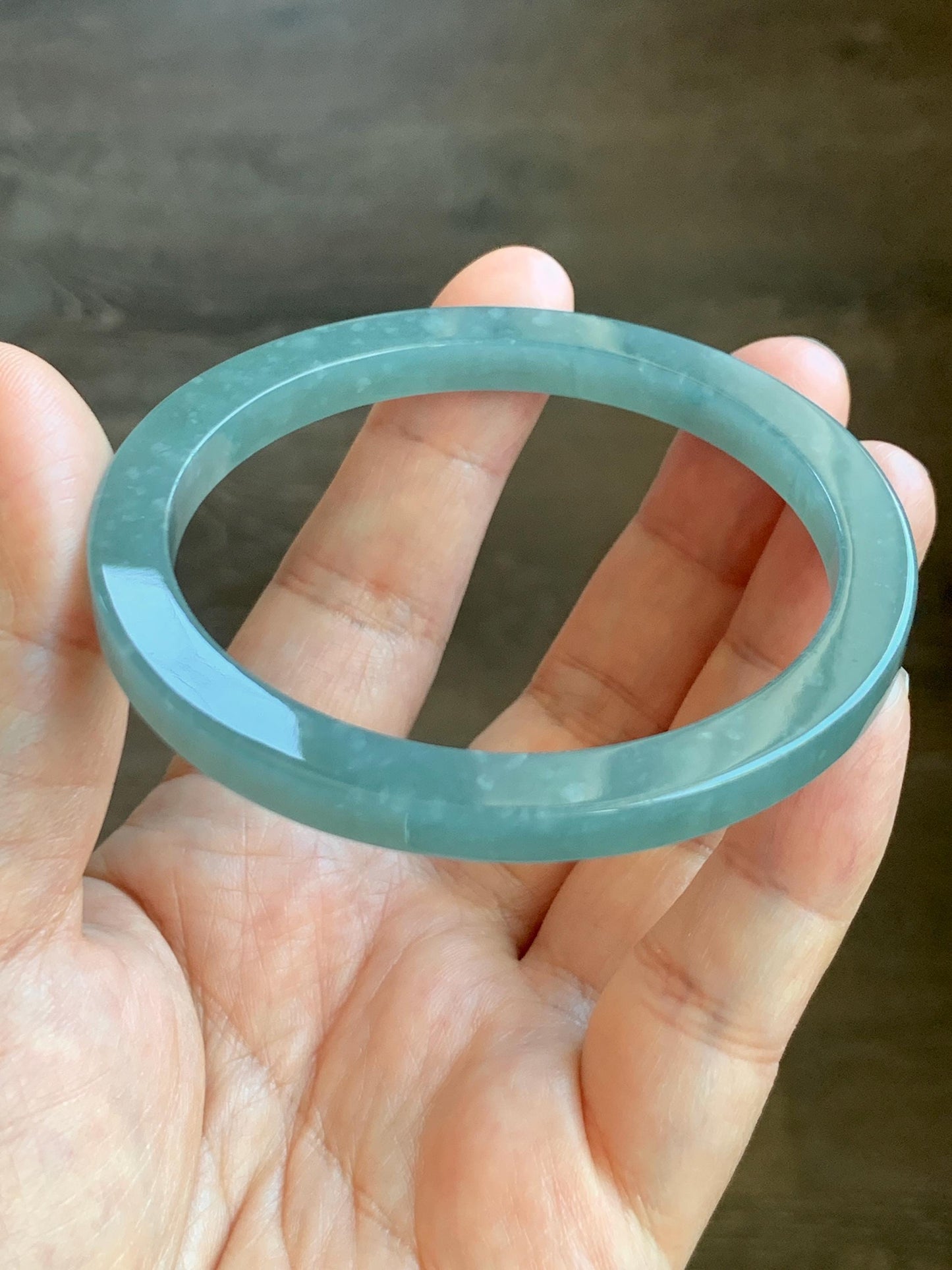 Certified Natural Grade A Guatemalan Icy Translucent Dusty Teal Blue Jade Jadeite Square Edged Bangle 57.76mm 7.14” 27g 天然冰胶危蓝翡翠方镯手镯 8807