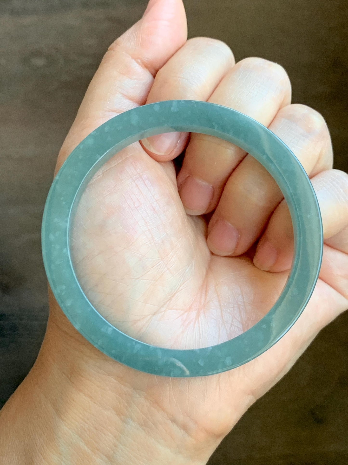 Certified Natural Grade A Guatemalan Icy Translucent Dusty Teal Blue Jade Jadeite Square Edged Bangle 57.76mm 7.14” 27g 天然冰胶危蓝翡翠方镯手镯 8807