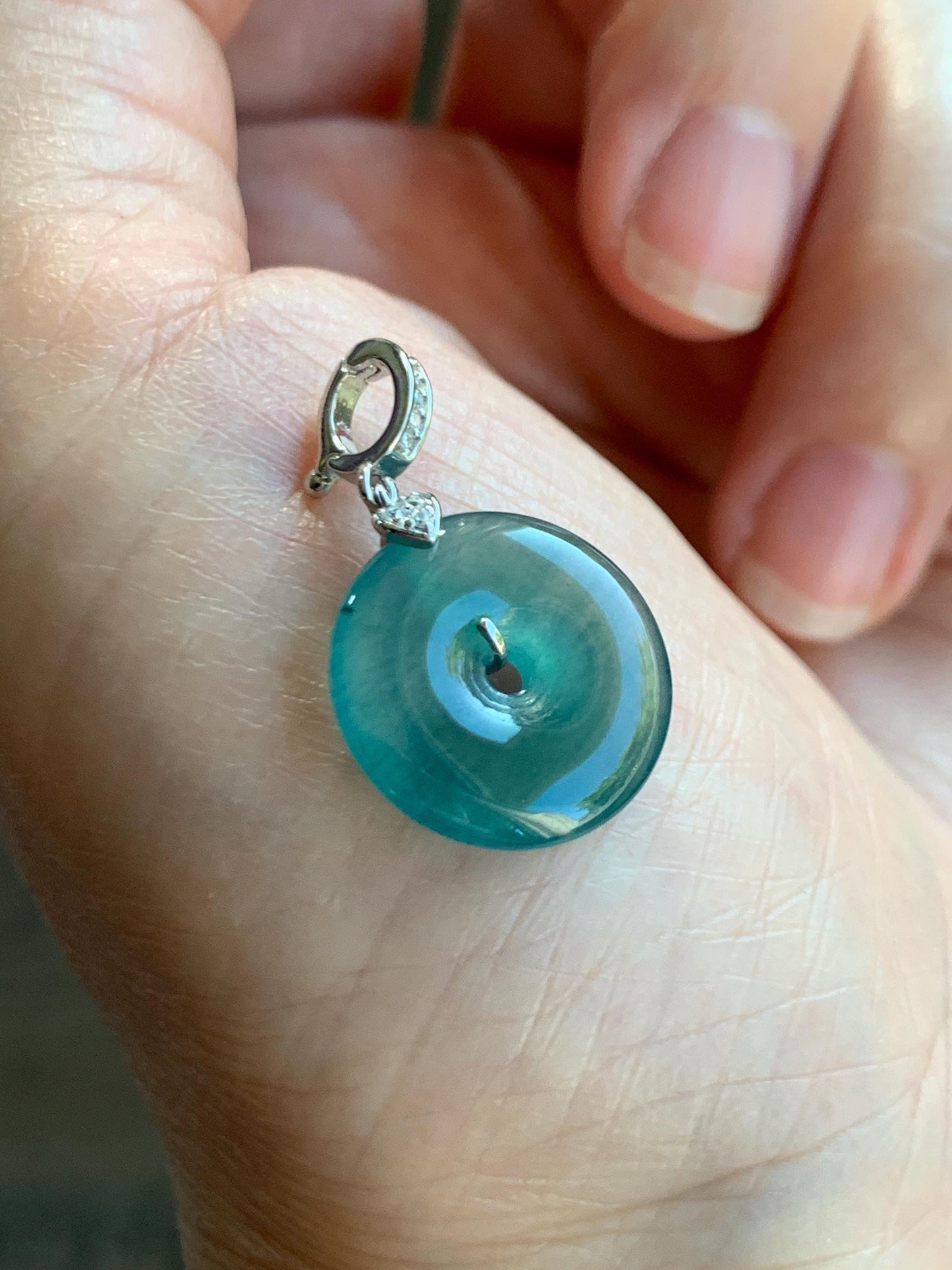 Natural Guatemalan Icy Highly Translucent Teal Green Jade Jadeite Ping An Kou Donut Charm Pendant Sterling Silver 天然冰危蓝绿翡翠平安扣吊坠 WPW110A