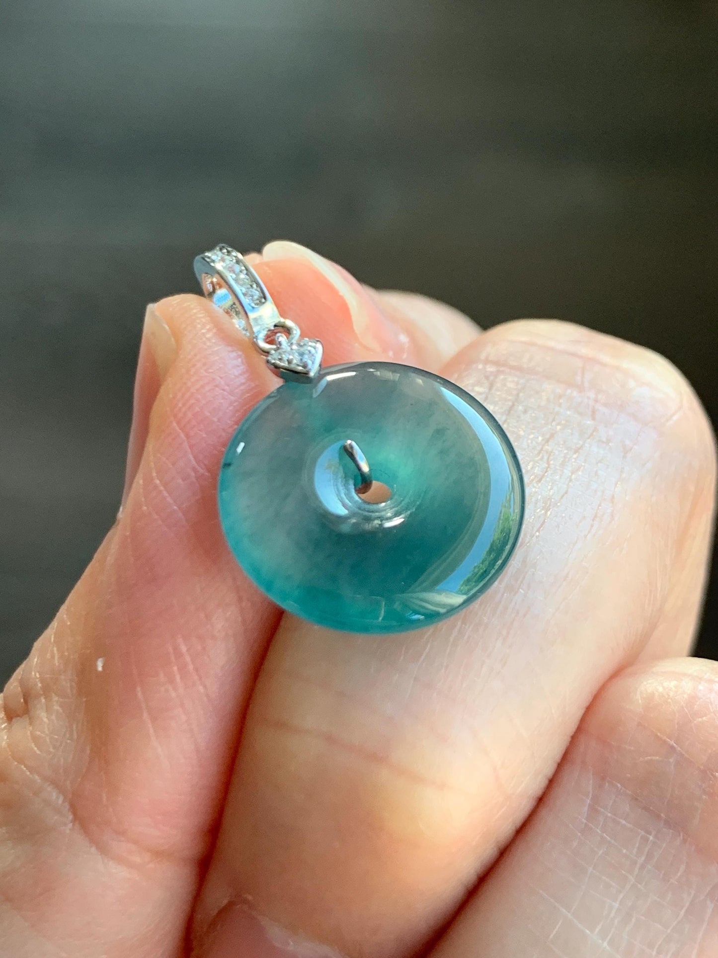 Natural Guatemalan Icy Highly Translucent Teal Green Jade Jadeite Ping An Kou Donut Charm Pendant Sterling Silver 天然冰危蓝绿翡翠平安扣吊坠 WPW110A