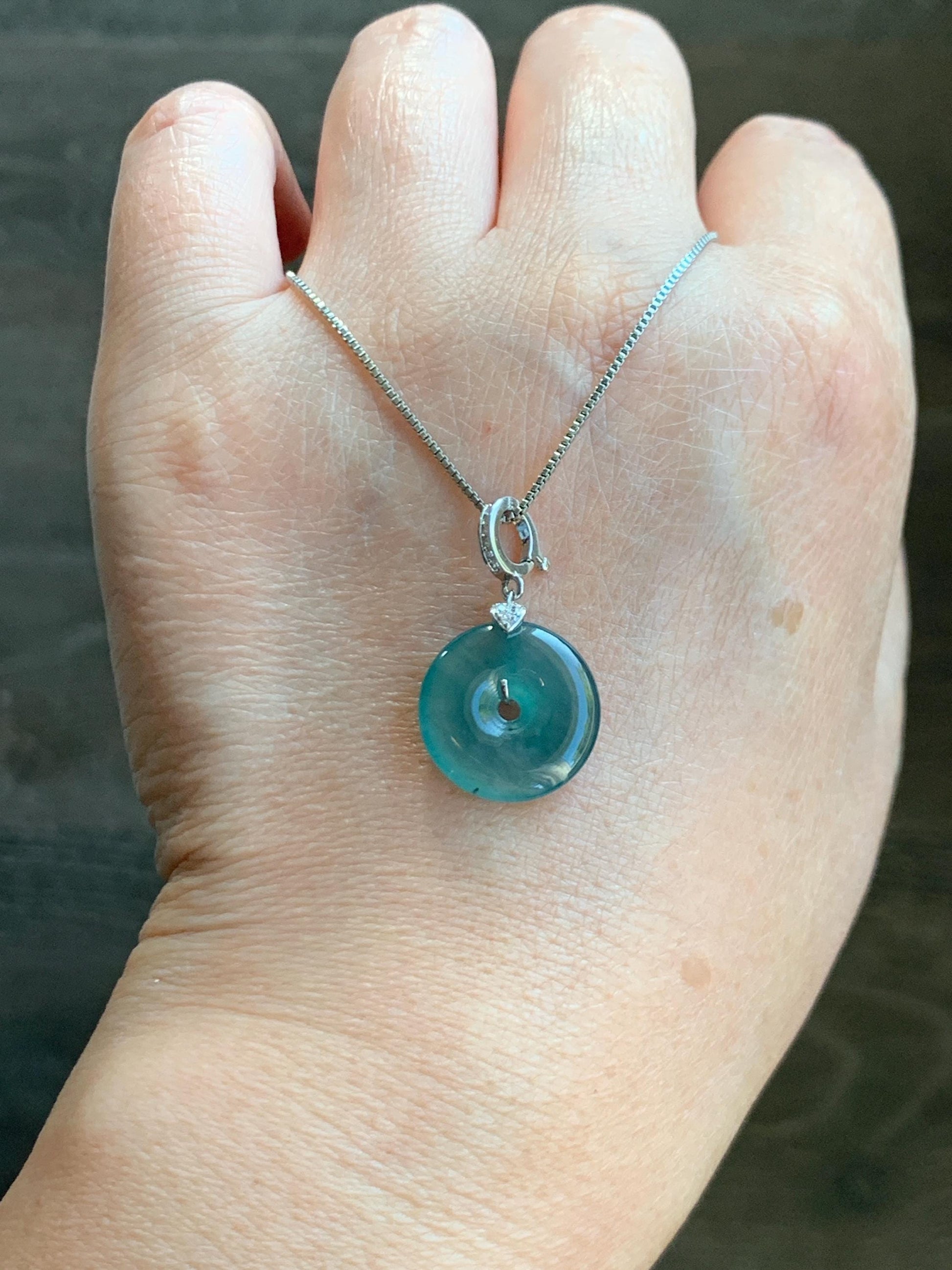 Natural Guatemalan Icy Highly Translucent Teal Green Jade Jadeite Ping An Kou Donut Charm Pendant Sterling Silver 天然冰危蓝绿翡翠平安扣吊坠 WPW110A