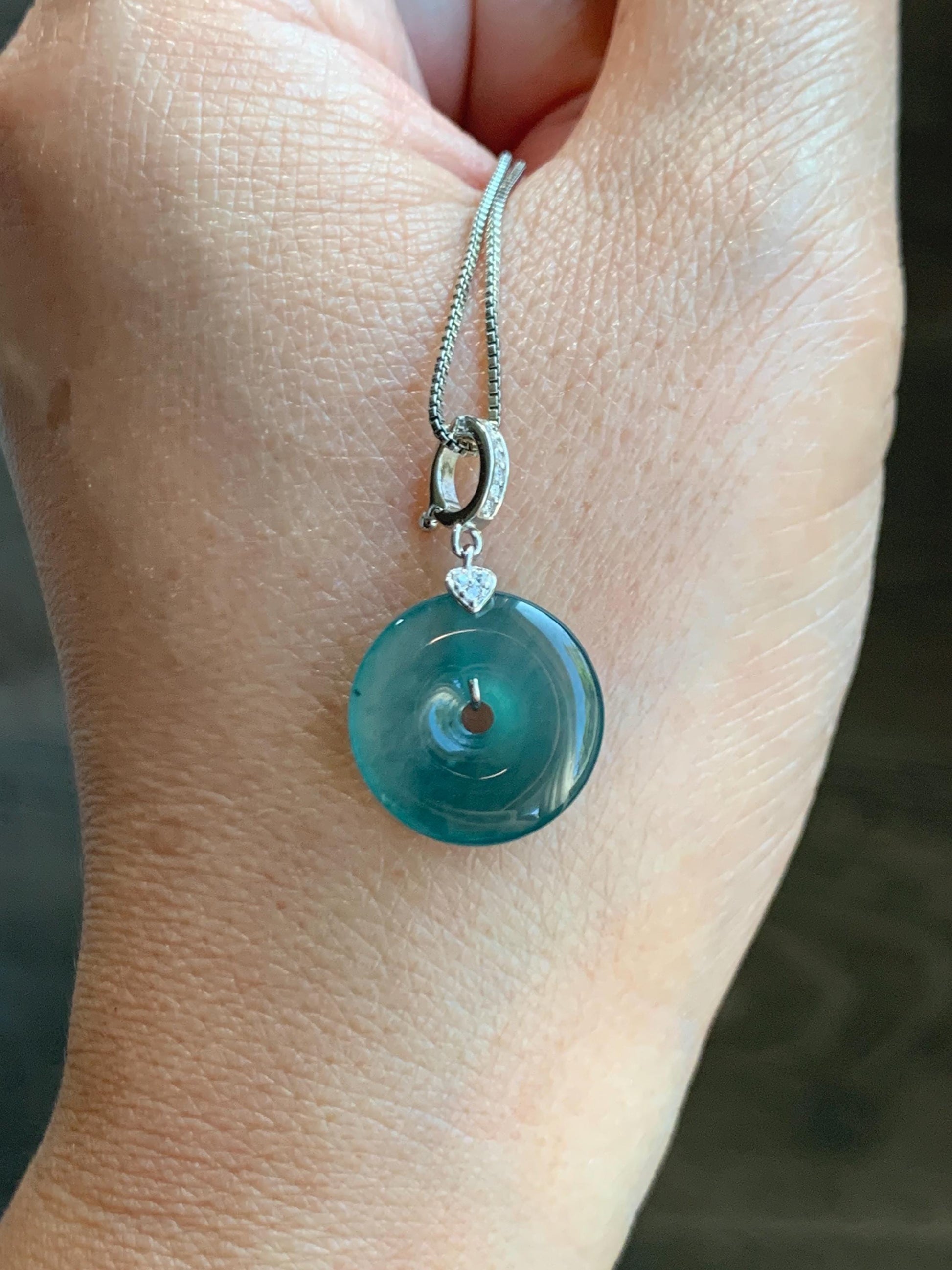Natural Guatemalan Icy Highly Translucent Teal Green Jade Jadeite Ping An Kou Donut Charm Pendant Sterling Silver 天然冰危蓝绿翡翠平安扣吊坠 WPW110A