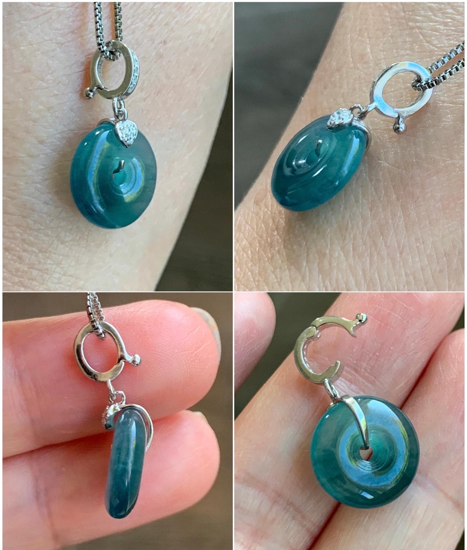 Natural Guatemalan Icy Highly Translucent Teal Blue Jade Jadeite Ping An Kou Donut Charm Pendant Sterling Silver 天然冰危蓝绿翡翠平安扣吊坠 WPW110B