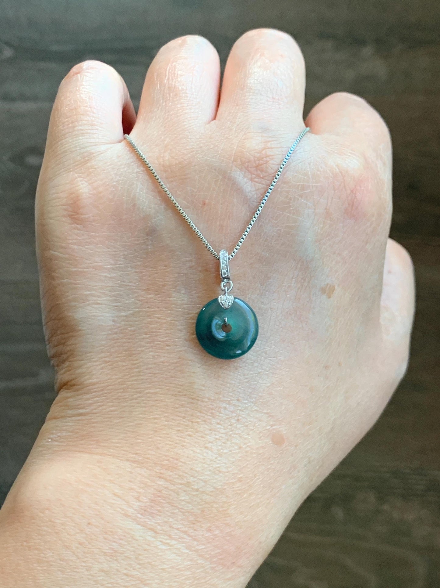 Natural Guatemalan Icy Highly Translucent Teal Blue Jade Jadeite Ping An Kou Donut Charm Pendant Sterling Silver 天然冰危蓝绿翡翠平安扣吊坠 WPW110B