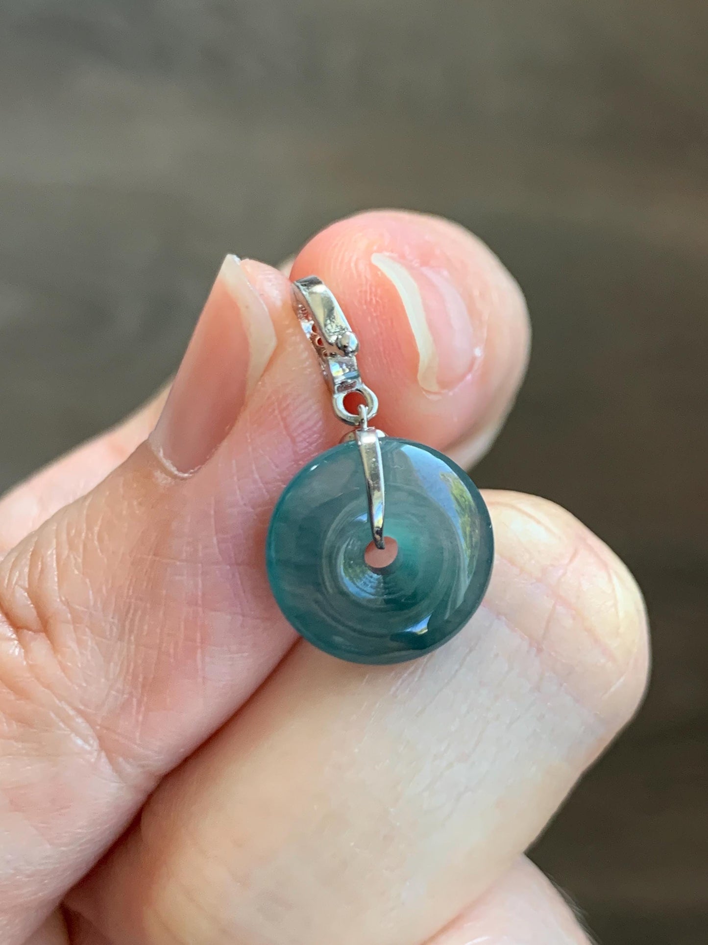 Natural Guatemalan Icy Highly Translucent Teal Blue Jade Jadeite Ping An Kou Donut Charm Pendant Sterling Silver 天然冰危蓝绿翡翠平安扣吊坠 WPW110B