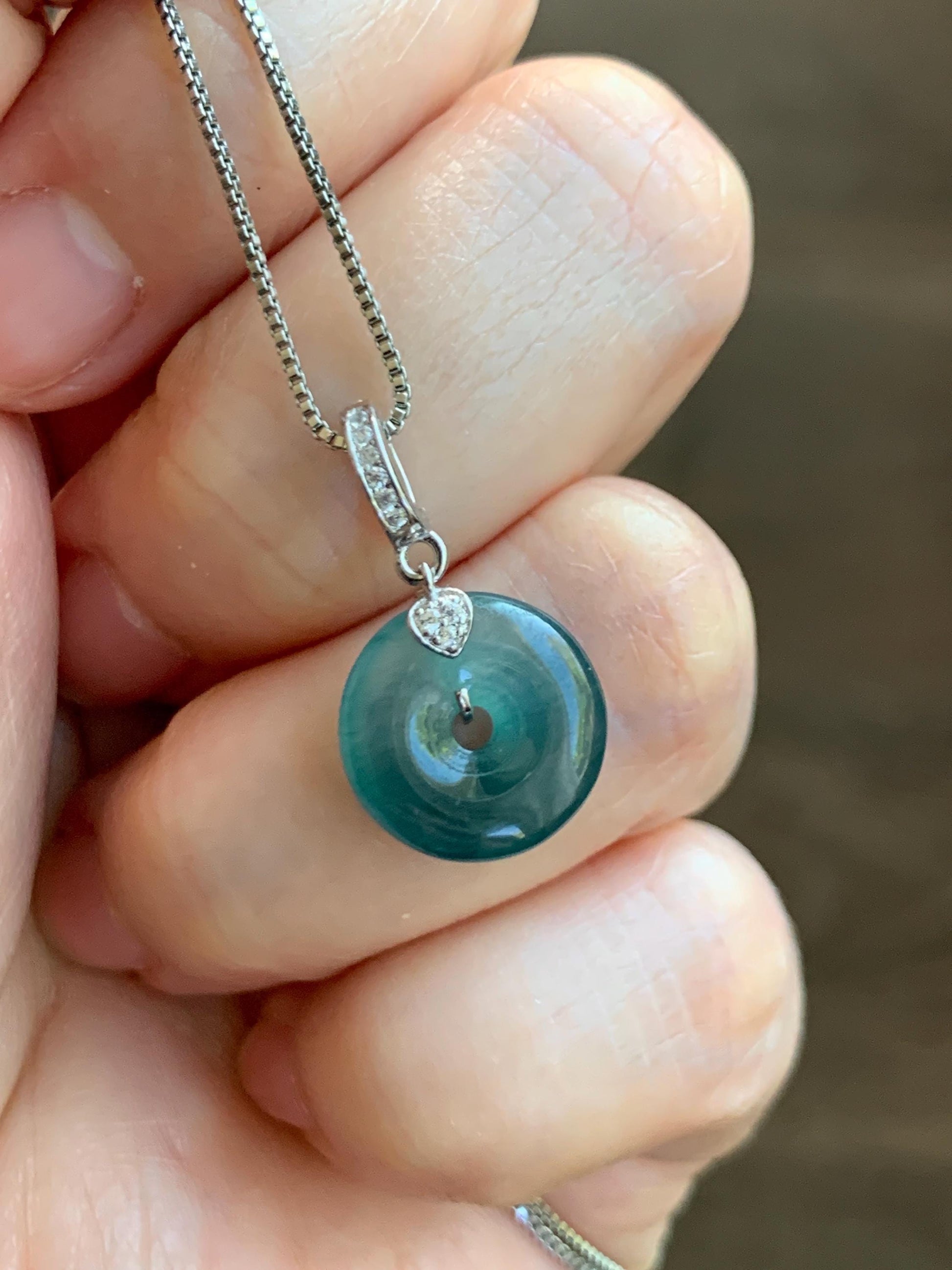 Natural Guatemalan Icy Highly Translucent Teal Blue Jade Jadeite Ping An Kou Donut Charm Pendant Sterling Silver 天然冰危蓝绿翡翠平安扣吊坠 WPW110B