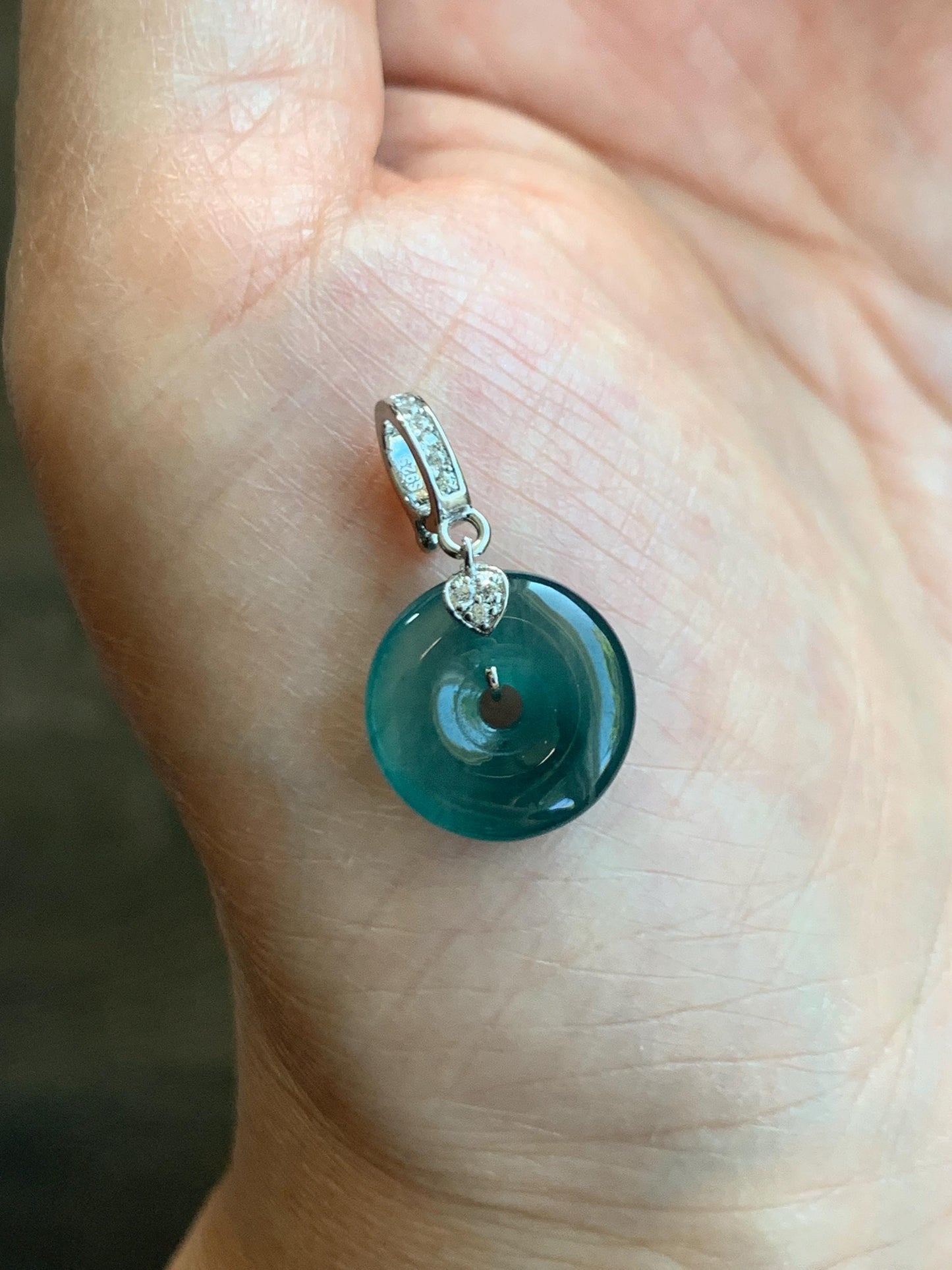 Natural Guatemalan Icy Highly Translucent Teal Blue Jade Jadeite Ping An Kou Donut Charm Pendant Sterling Silver 天然冰危蓝绿翡翠平安扣吊坠 WPW110B