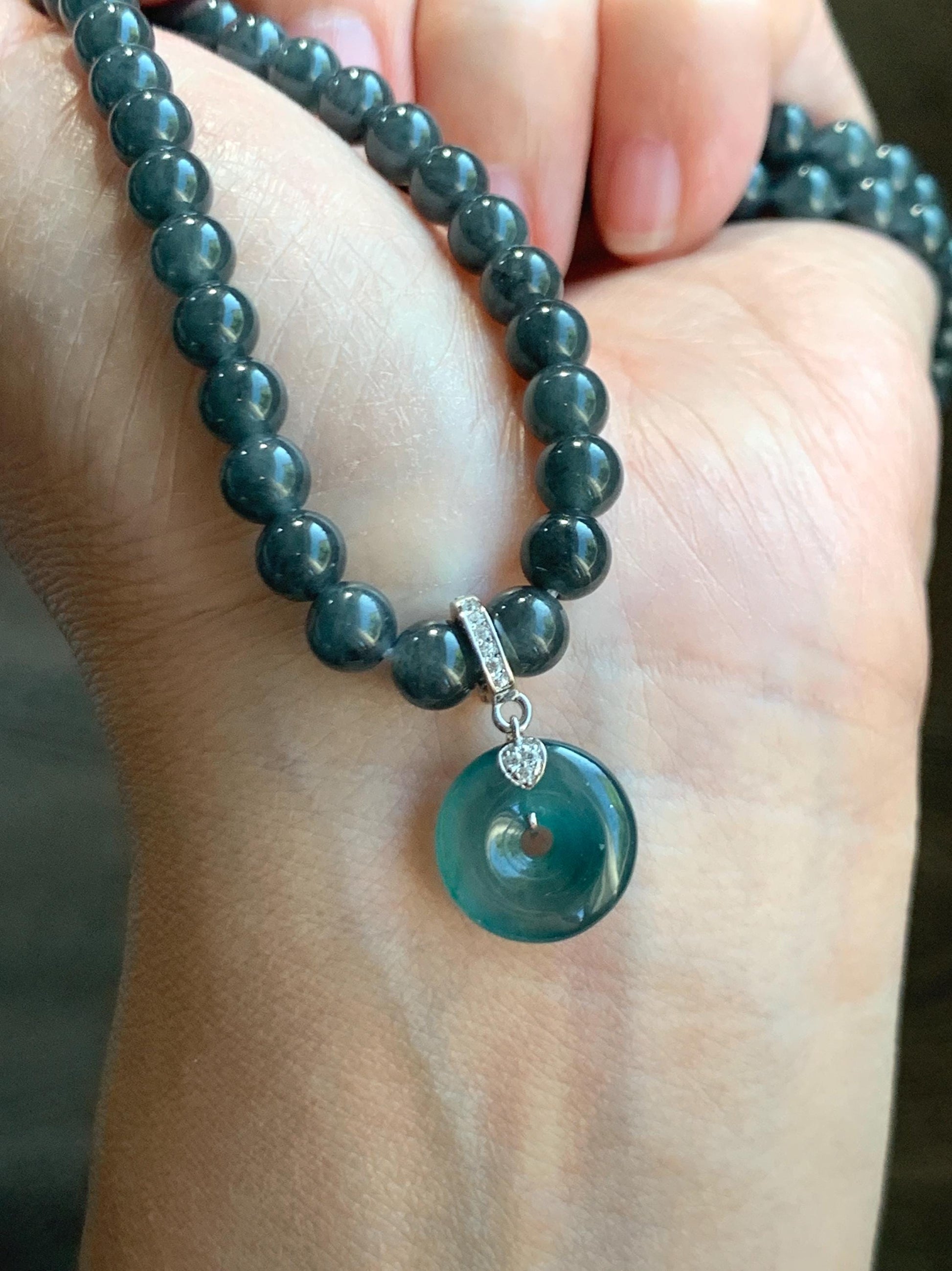 Natural Guatemalan Icy Highly Translucent Teal Blue Jade Jadeite Ping An Kou Donut Charm Pendant Sterling Silver 天然冰危蓝绿翡翠平安扣吊坠 WPW110B