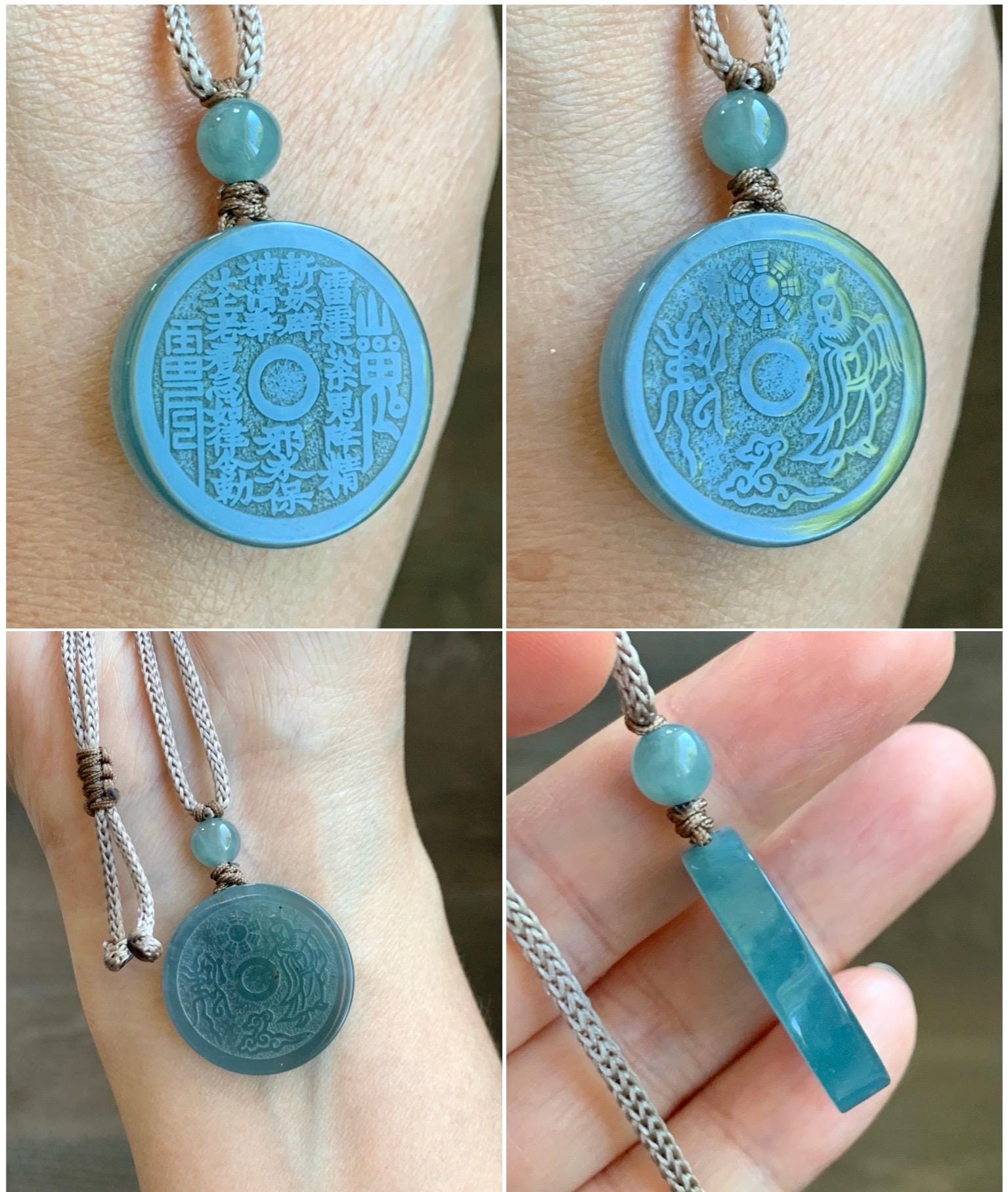 Natural Grade A Guatemalan Icy Translucent Blue Jade Jadeite Mountain Ghost The Elder Lord Coin Pendant Rope Necklace 天然冰危蓝莓紫翡翠山鬼老君钱币吊坠
