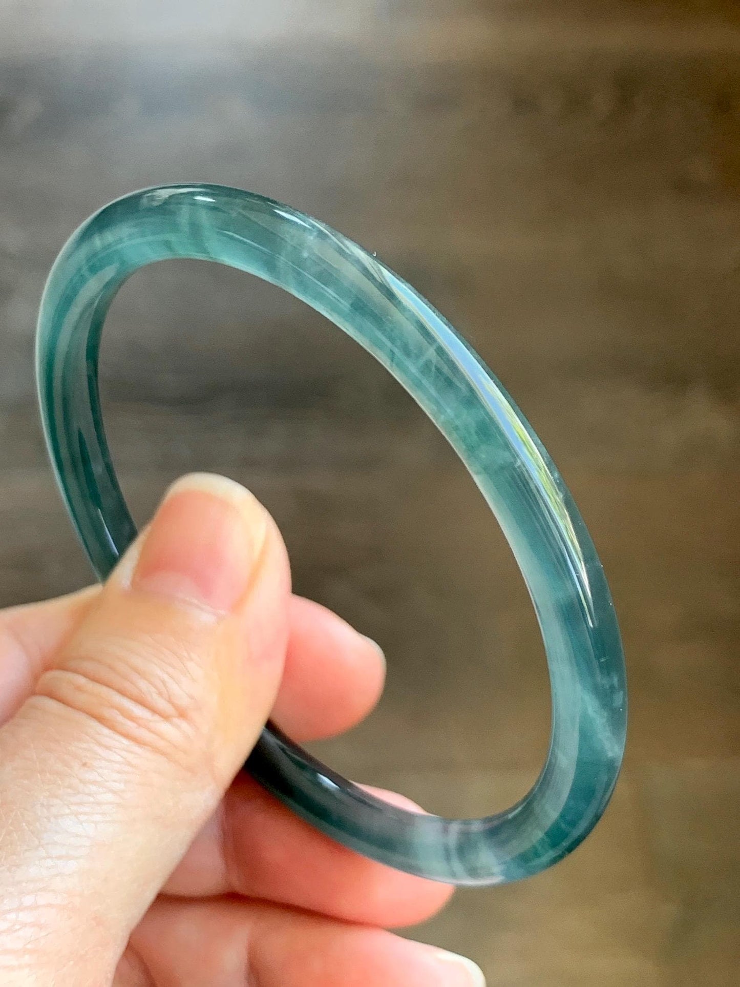Certified Natural Grade A Guatemalan Icy Highly Translucent Dark Teal Blue Marbled Jade Jadeite Bangle 58.38mm 7.2” 天然冰胶危深蓝飘花翡翠细圆条手镯 8787