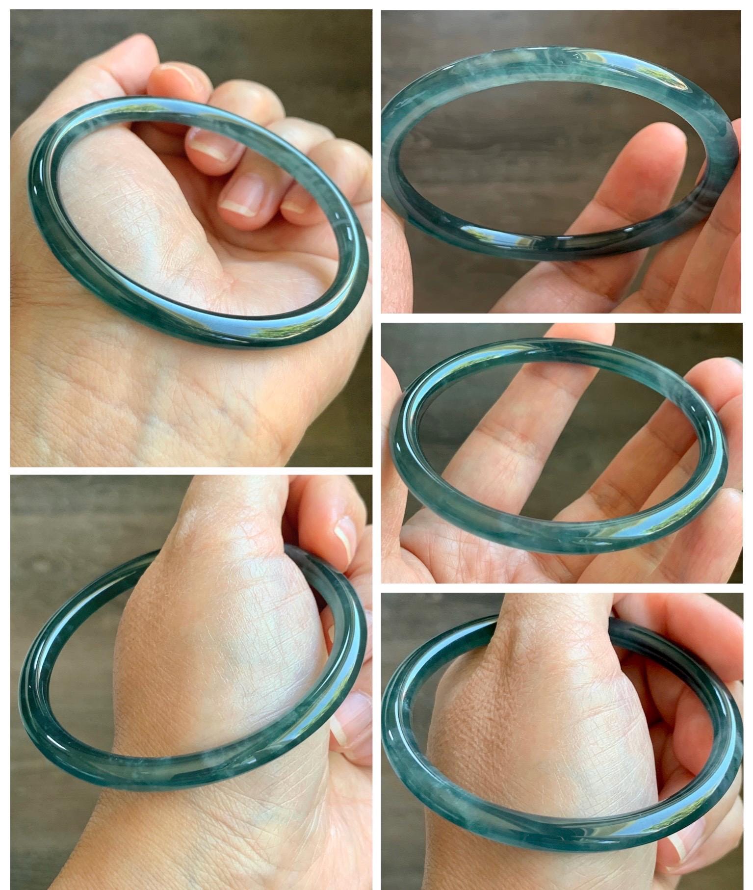 Certified Natural Grade A Guatemalan Icy Highly Translucent Dark Teal Blue Marbled Jade Jadeite Bangle 58.38mm 7.2” 天然冰胶危深蓝飘花翡翠细圆条手镯 8787