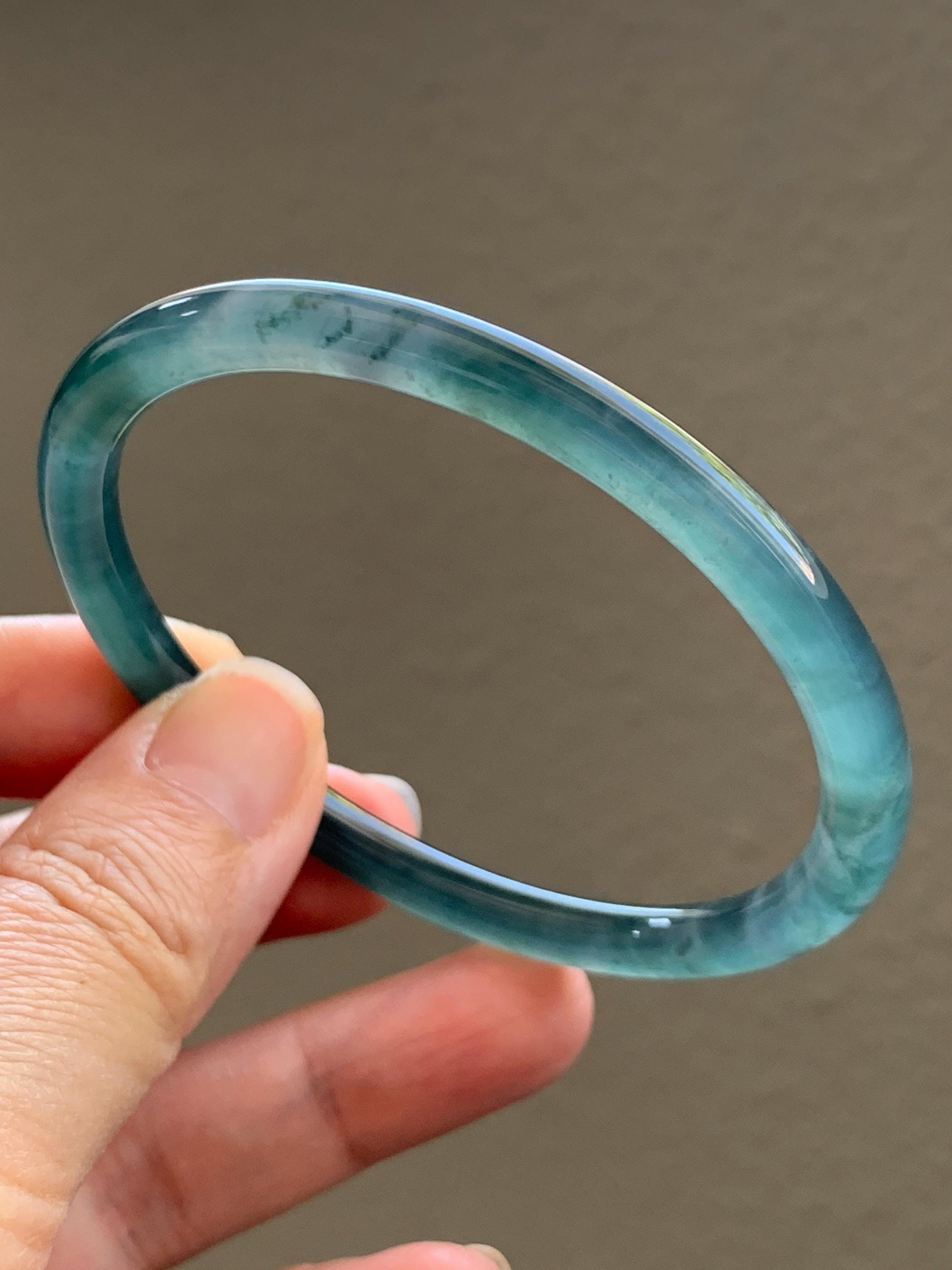 Certified Natural Grade A Guatemalan Icy Highly Translucent Dark Teal Blue Marbled Jade Jadeite Bangle 58.38mm 7.2” 天然冰胶危深蓝飘花翡翠细圆条手镯 8787
