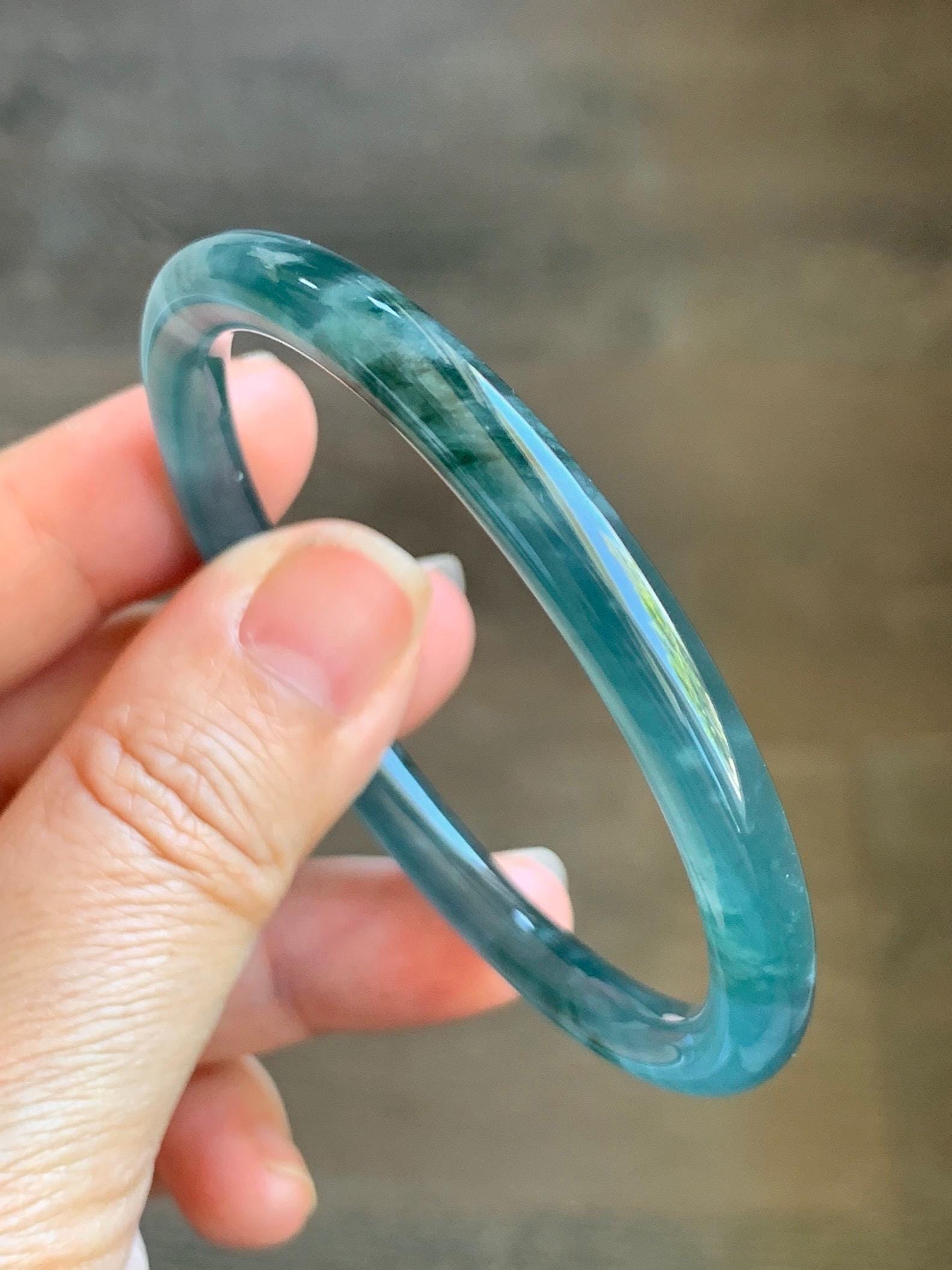 Certified Natural Grade A Guatemalan Icy Highly Translucent Dark Teal Blue Marbled Jade Jadeite Bangle 54.63mm 6.75” 天然冰胶危深蓝飘花翡翠细圆条手镯 8786