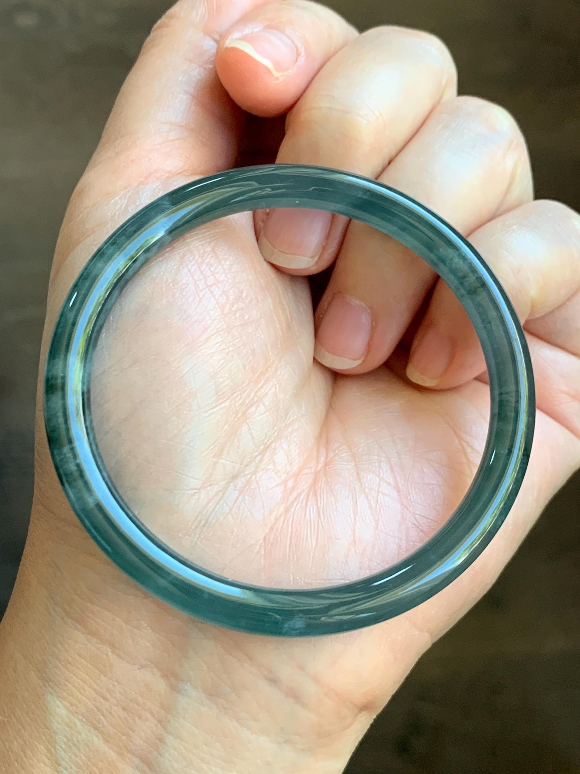 Certified Natural Grade A Guatemalan Icy Highly Translucent Dark Teal Blue Marbled Jade Jadeite Bangle 54.63mm 6.75” 天然冰胶危深蓝飘花翡翠细圆条手镯 8786