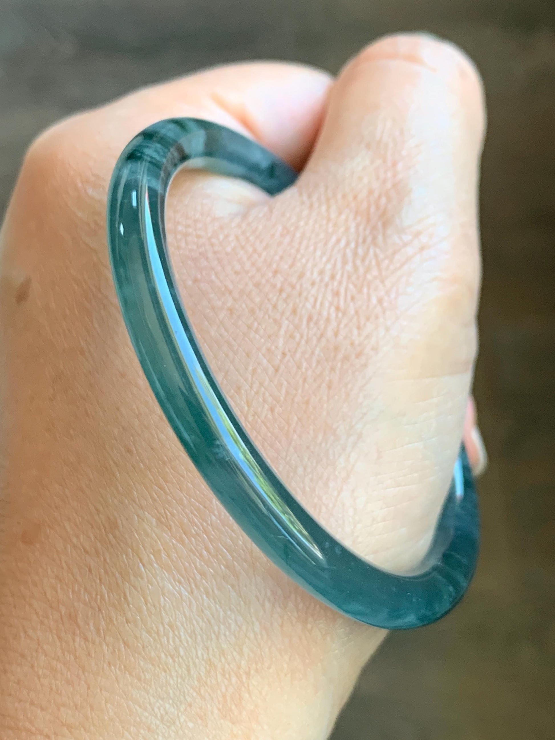 Certified Natural Grade A Guatemalan Icy Highly Translucent Dark Teal Blue Marbled Jade Jadeite Bangle 54.63mm 6.75” 天然冰胶危深蓝飘花翡翠细圆条手镯 8786