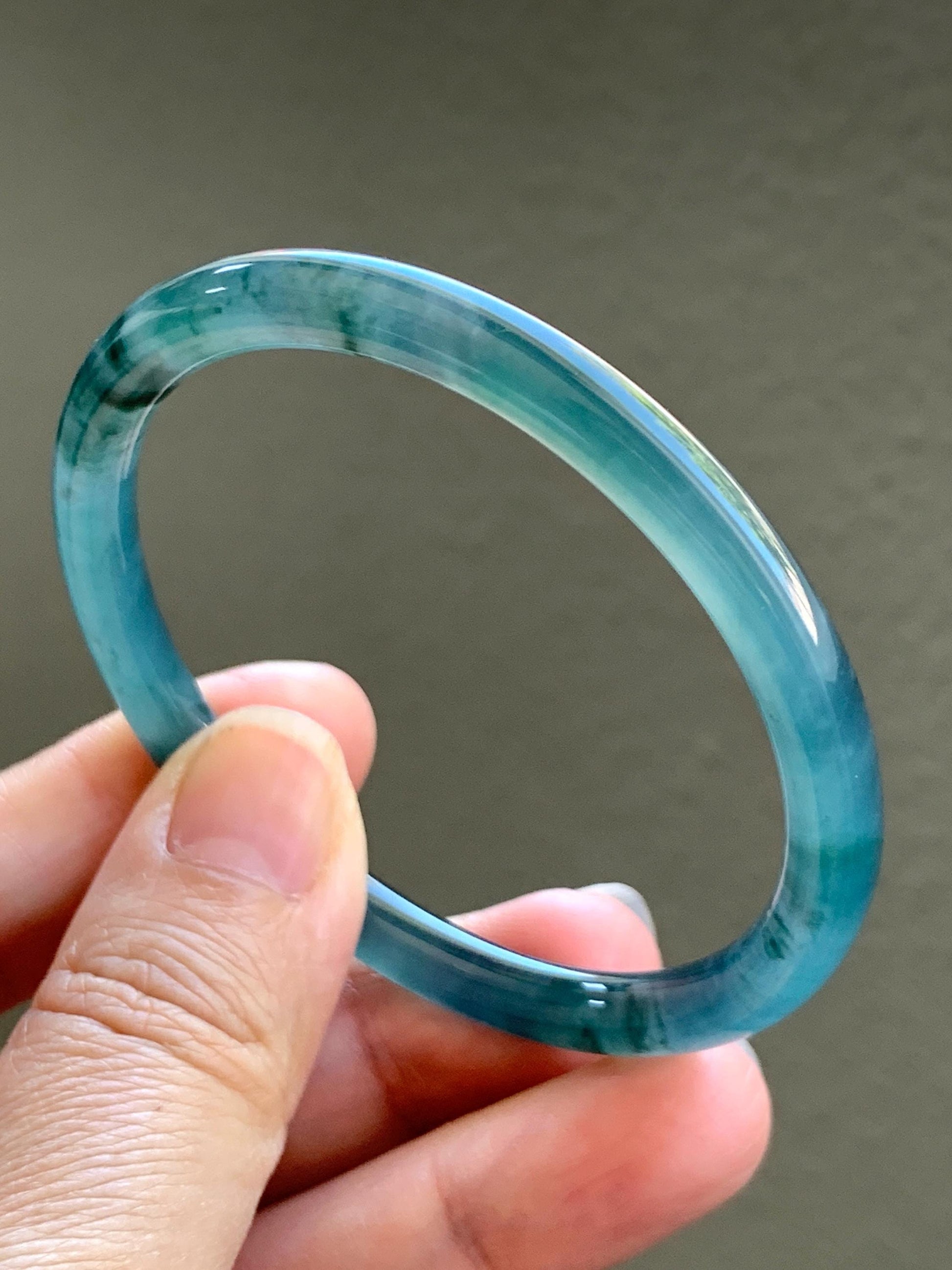 Certified Natural Grade A Guatemalan Icy Highly Translucent Dark Teal Blue Marbled Jade Jadeite Bangle 54.63mm 6.75” 天然冰胶危深蓝飘花翡翠细圆条手镯 8786