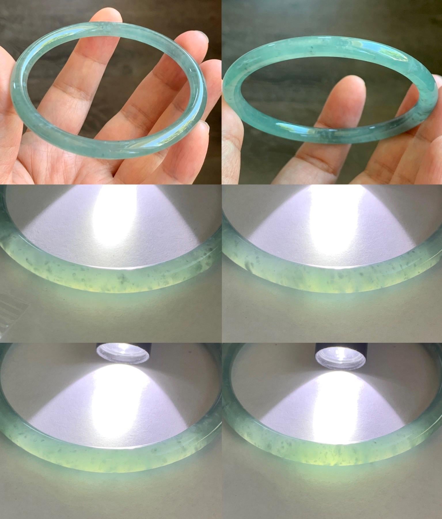 Certified Natural Grade A Guatemalan Icy Highly Translucent Light Green Jade Jadeite Slim Bangle 59.7mm 7.38” 19.94g 天然冰胶危晴绿翡翠细圆条手镯 8818