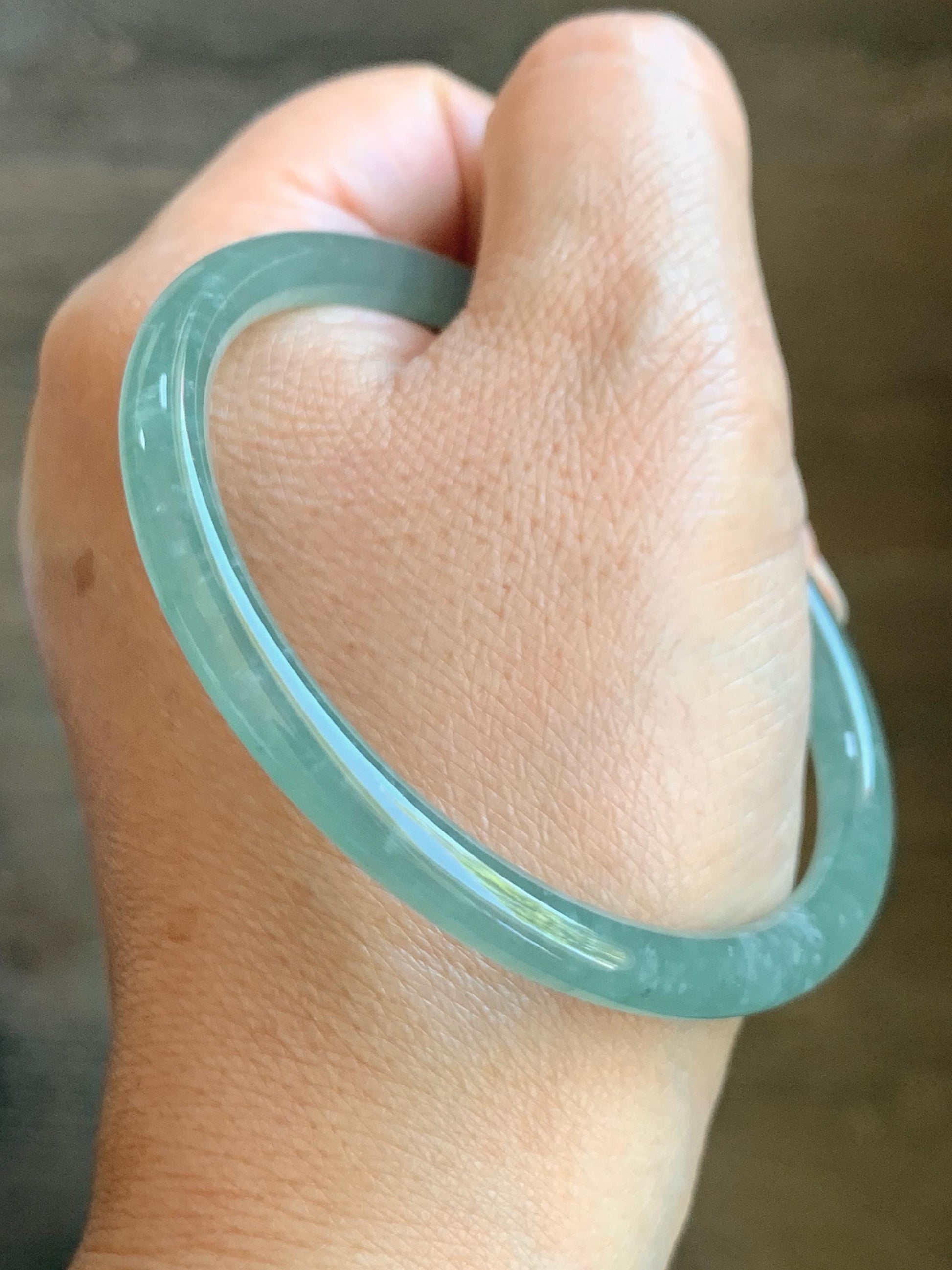 Certified Natural Grade A Guatemalan Icy Highly Translucent Light Green Jade Jadeite Slim Bangle 59.7mm 7.38” 19.94g 天然冰胶危晴绿翡翠细圆条手镯 8818