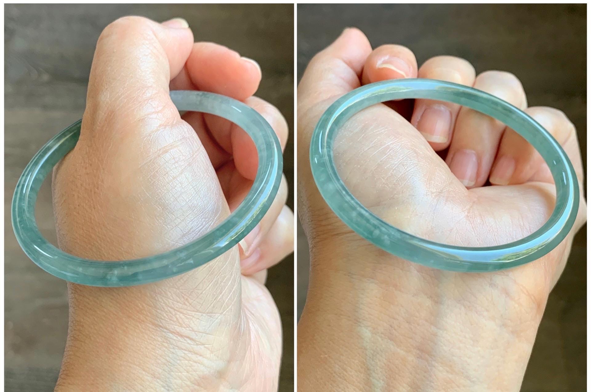 Certified Natural Grade A Guatemalan Icy Highly Translucent Light Green Jade Jadeite Slim Bangle 58.76mm 7.26” 17.55g 天然冰胶危晴绿翡翠圆条手镯 8770