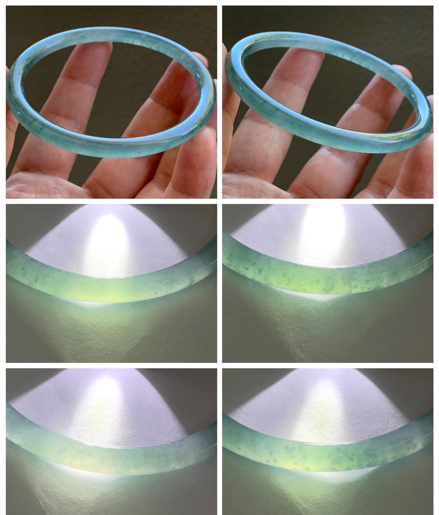 Certified Natural Grade A Guatemalan Icy Highly Translucent Light Green Jade Jadeite Slim Bangle 58.76mm 7.26” 17.55g 天然冰胶危晴绿翡翠圆条手镯 8770