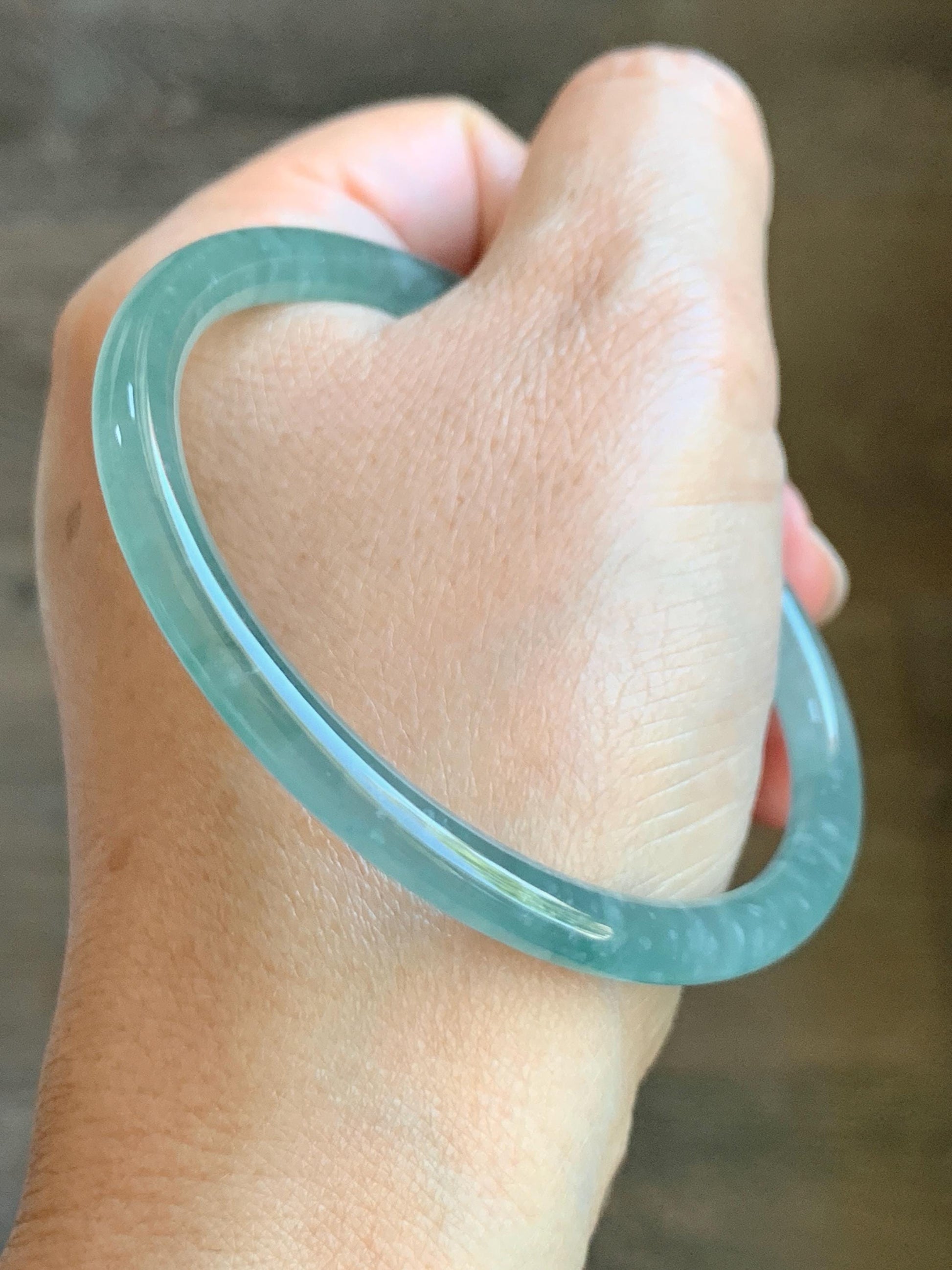 Certified Natural Grade A Guatemalan Icy Highly Translucent Light Green Jade Jadeite Slim Bangle 58.76mm 7.26” 17.55g 天然冰胶危晴绿翡翠圆条手镯 8770