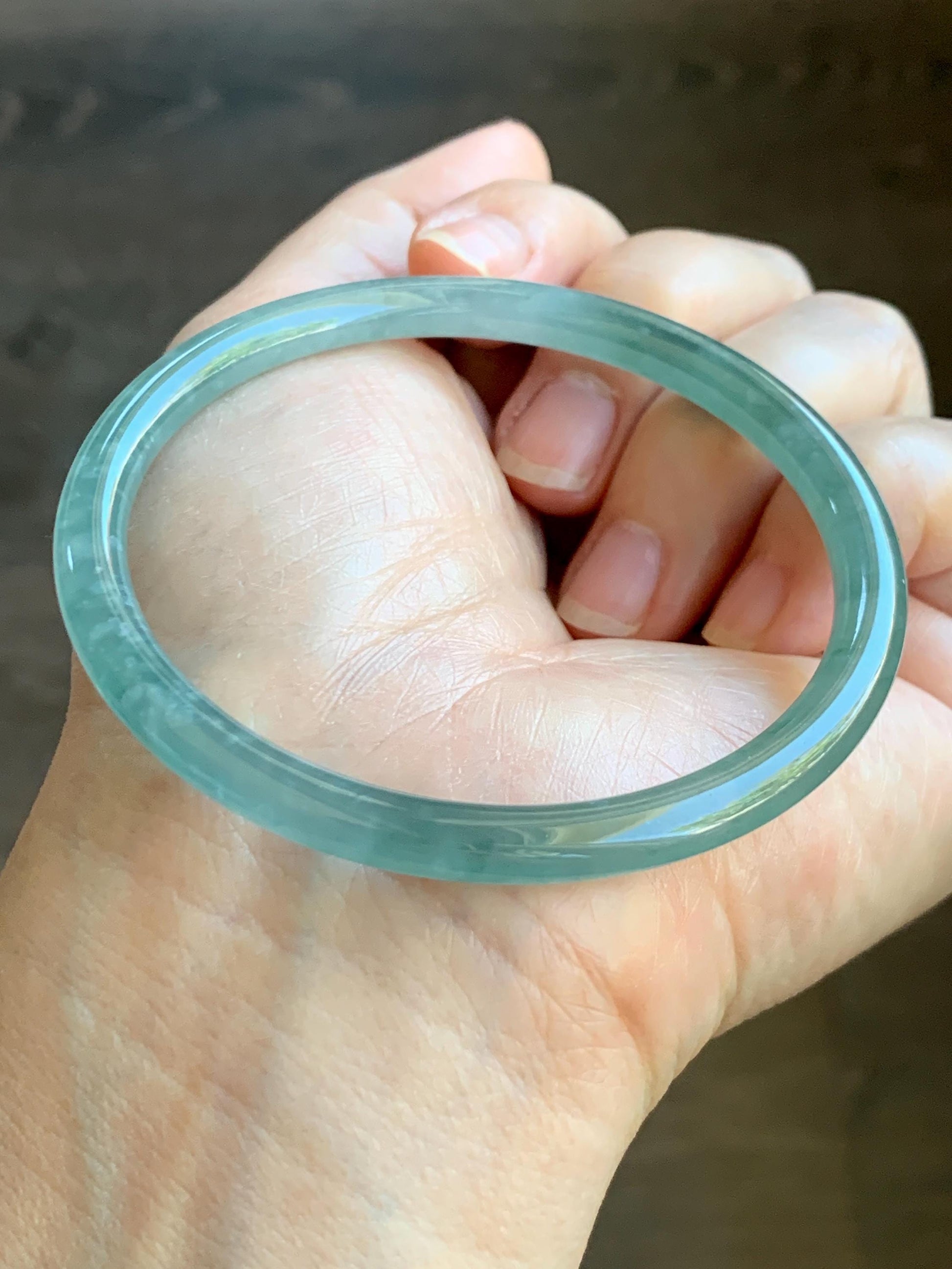 Certified Natural Grade A Guatemalan Icy Highly Translucent Light Green Jade Jadeite Slim Bangle 58.76mm 7.26” 17.55g 天然冰胶危晴绿翡翠圆条手镯 8770